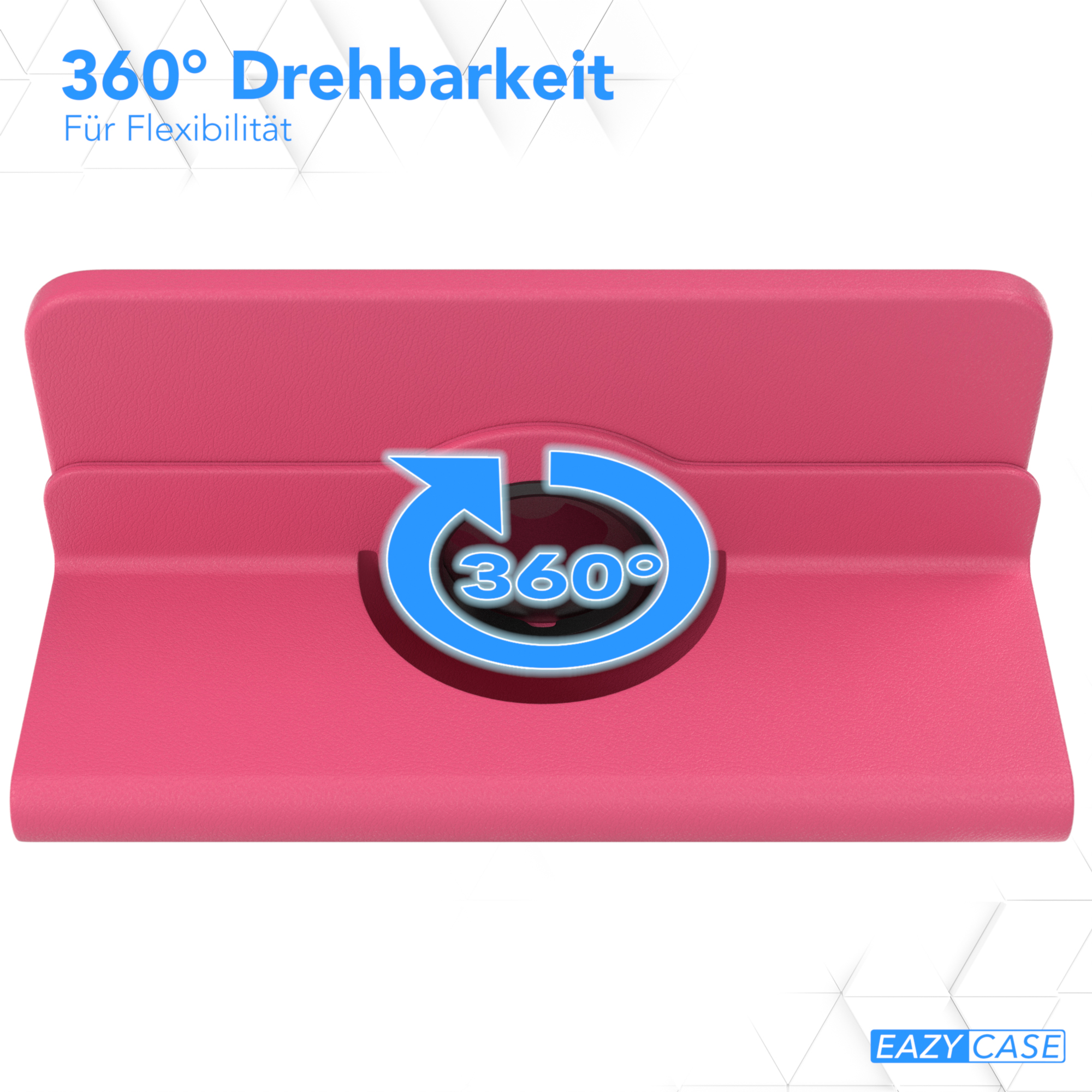 Rosa Tablethülle, Nahaufnahme. 360° Drehfunktion, ein blauer Pfeil. Text: 360° Drehberkeit.