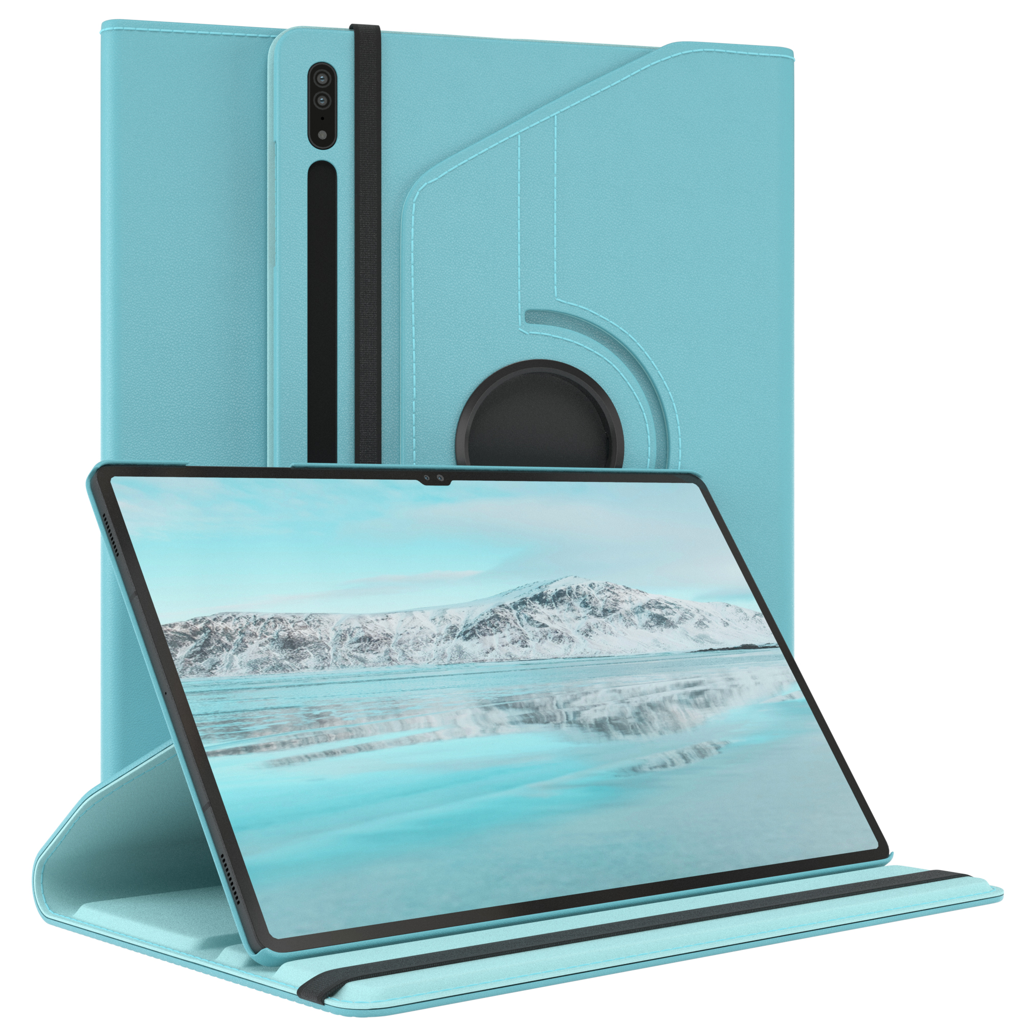 Hellblaues Tablet-Case mit Tablet, schwarzem Band und Strandhintergrund.