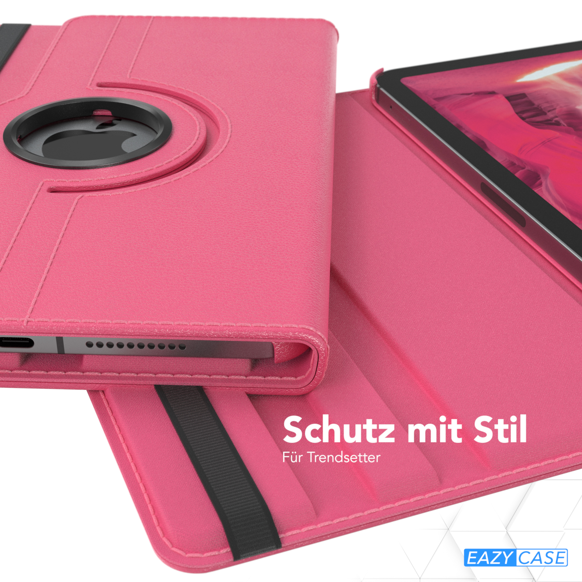 Offene rosa Tablet-Hülle, Tablet innen sichtbar. Schwarzer Ring und Riemen. Text: Schutz mit Stil.