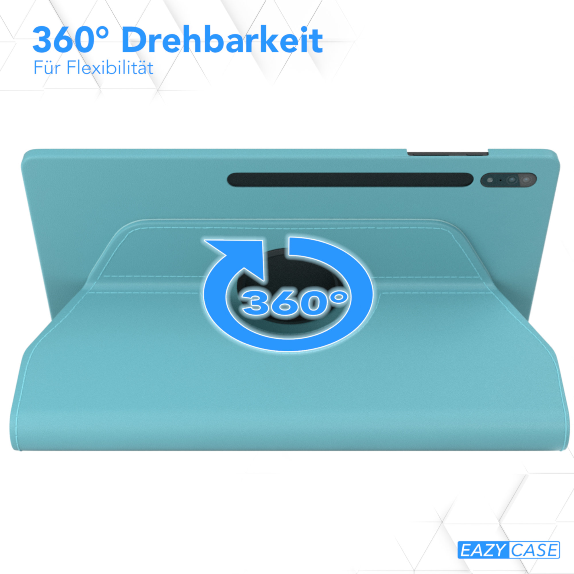 Ein türkisfarbenes Tablet in einer türkisfarbenen Hülle, das eine 360-Grad-Drehung zeigt. Text: 360° Drehberkeit, EAZY CASE.