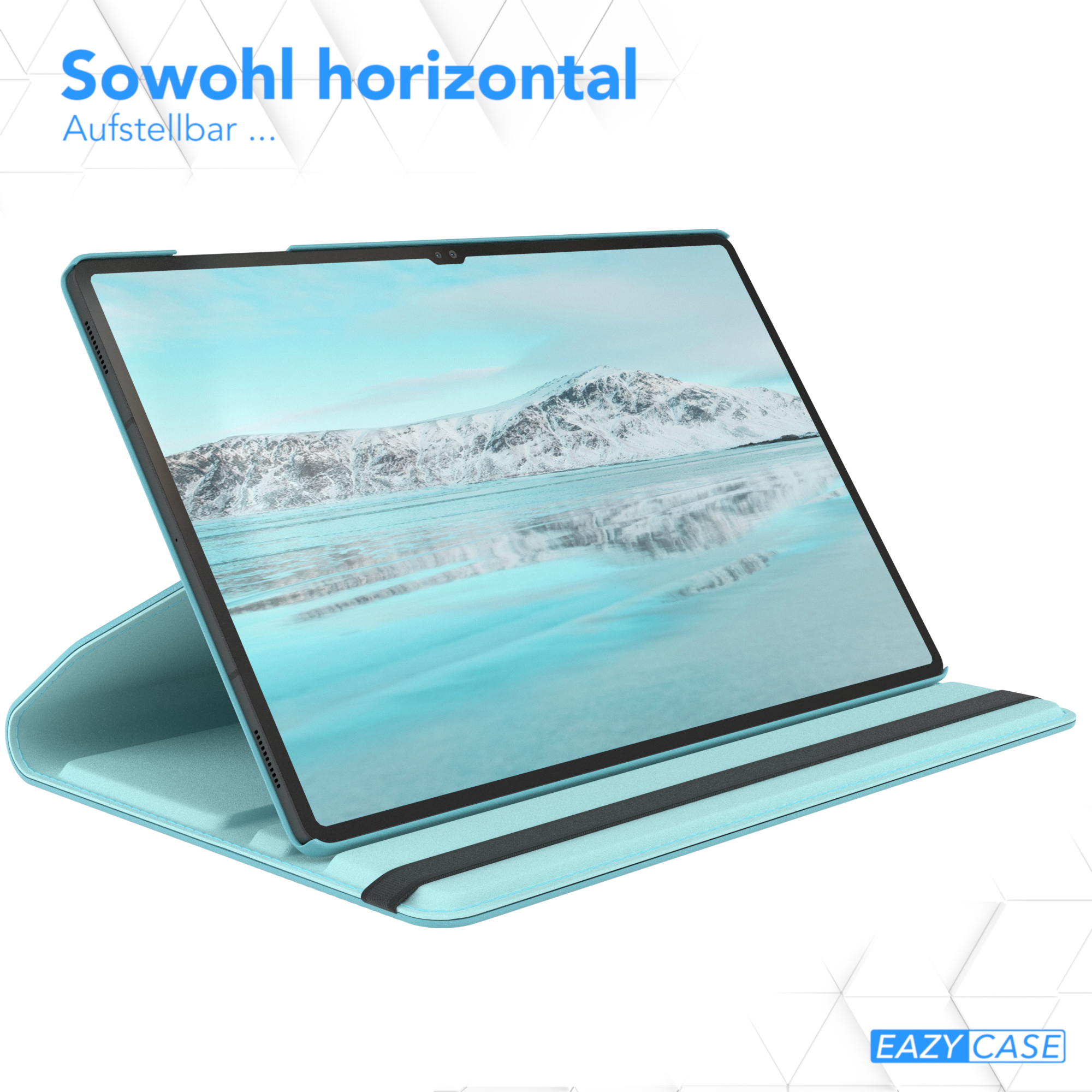 Ein blaues Tablet in einer Hülle, horizontal stehend.