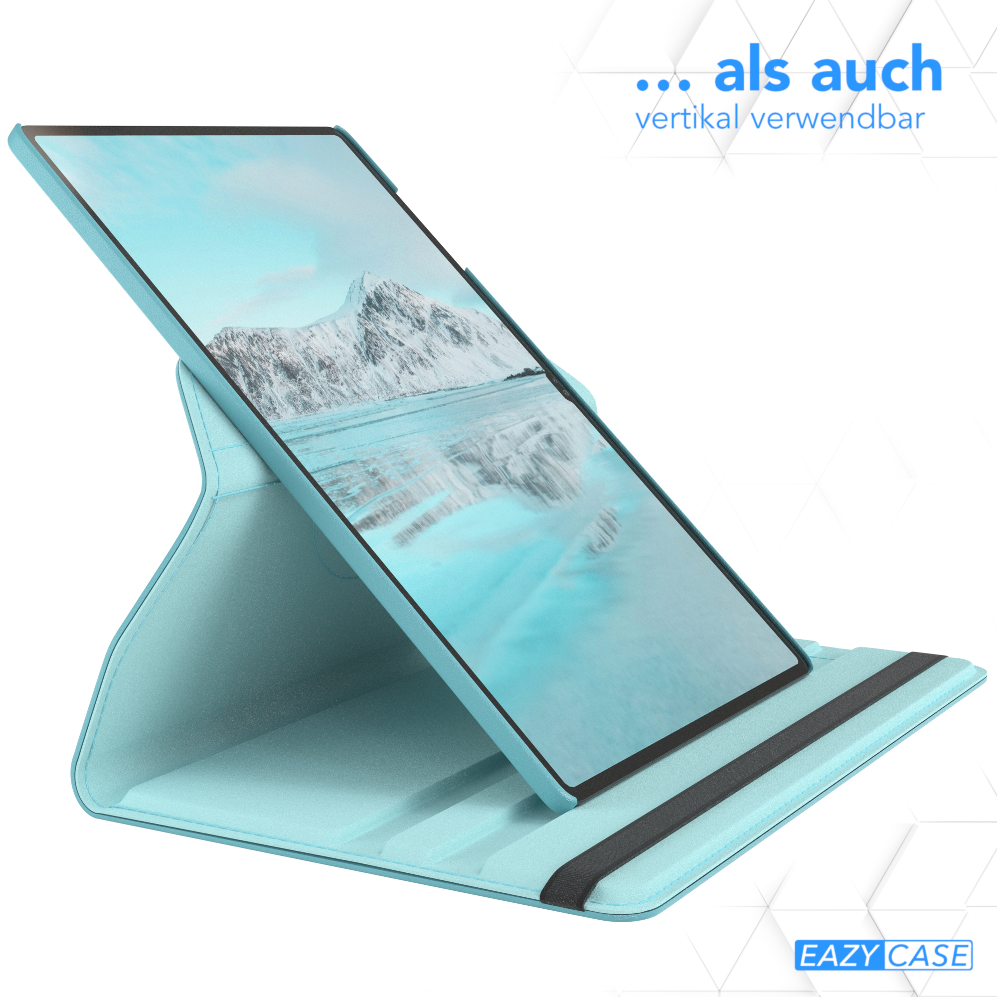Tablet in einer blauen Hülle. Text auf Deutsch. Weißer Hintergrund. EAZY CASE Logo.