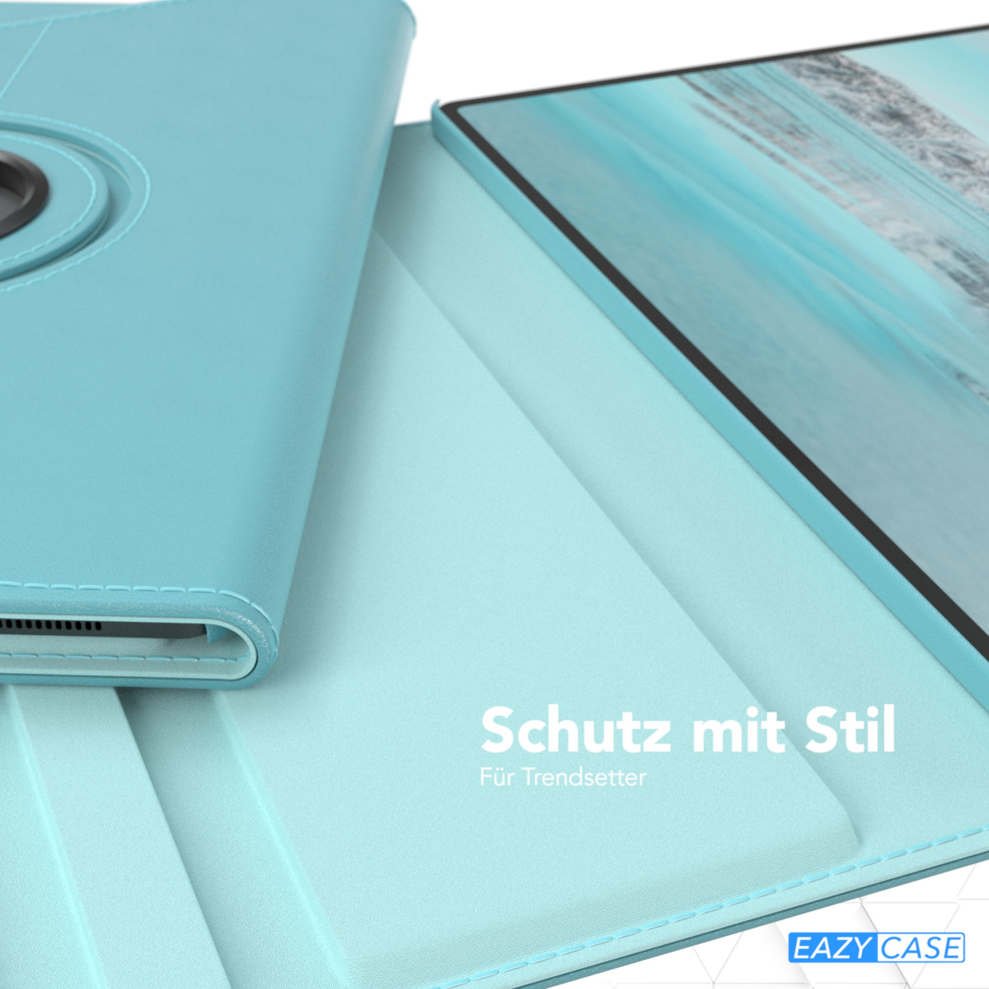 Blaue Tablethülle mit Tablet darin. Text: Schutz mit Stil. EAZY CASE Logo.