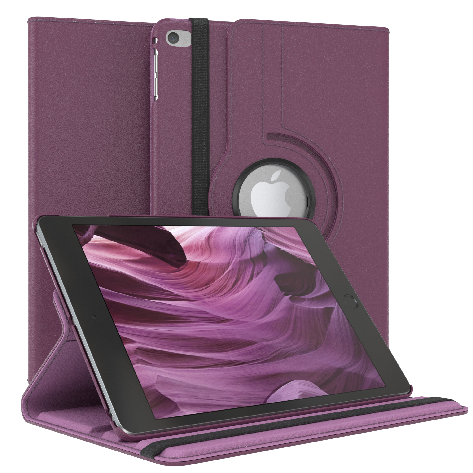 Tablet in einer lilafarbenen Hülle, stehend. Der Bildschirm zeigt eine lilafarbene Landschaft.