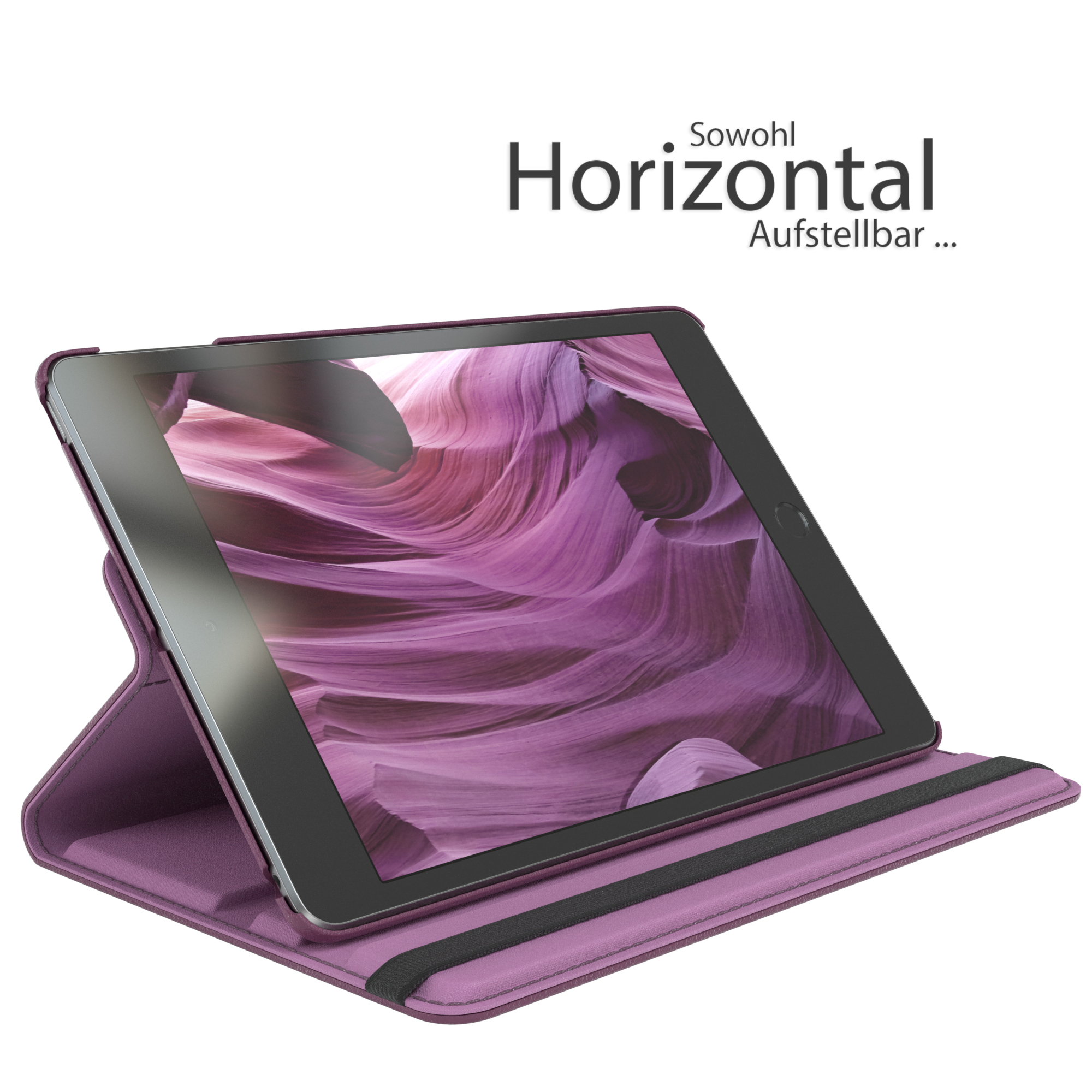 Lila Tablethülle im Stand. Das Tablet zeigt eine rosa Landschaft. Text: Horizontal.