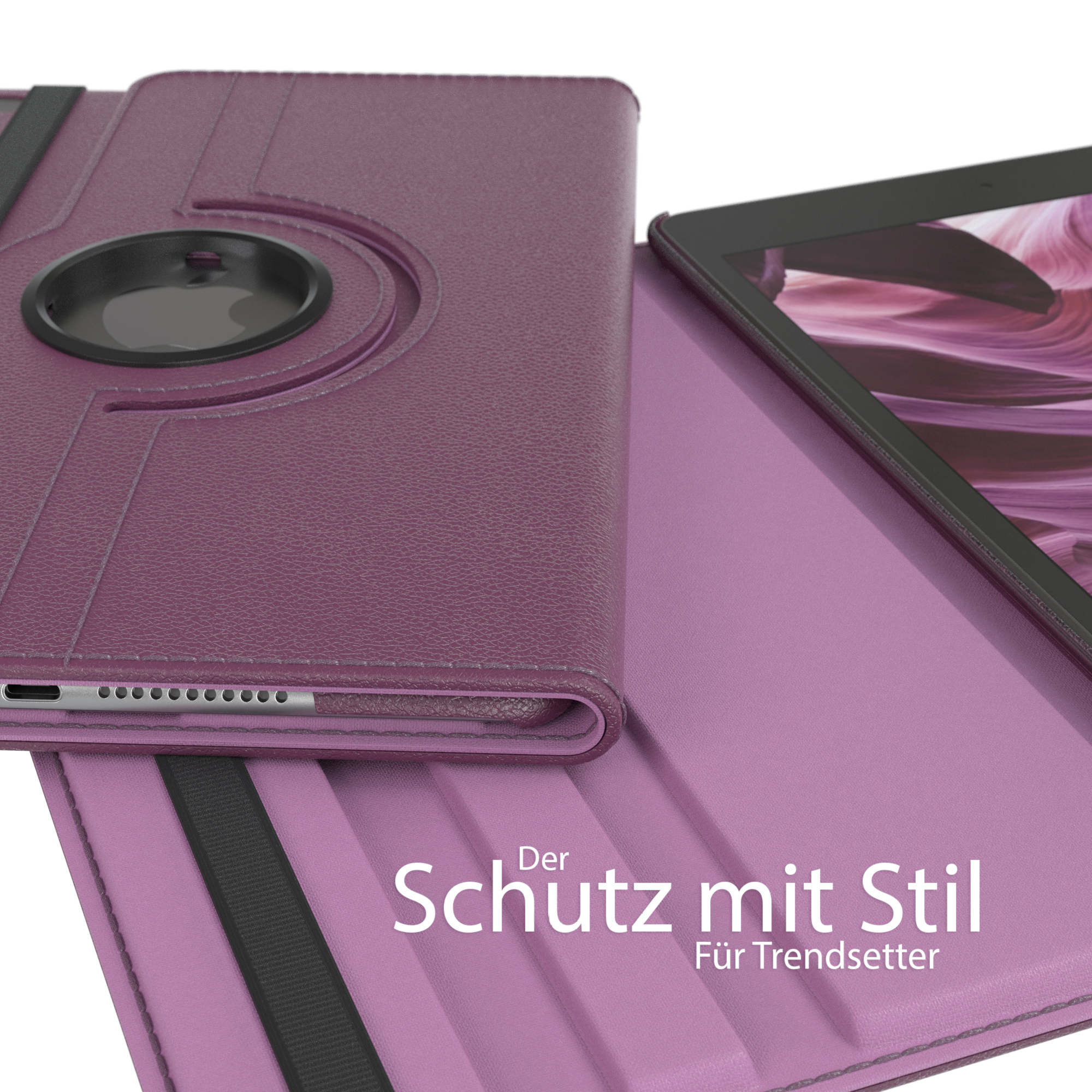 Eine lila Tablet-Hülle mit Drehmechanismus.
