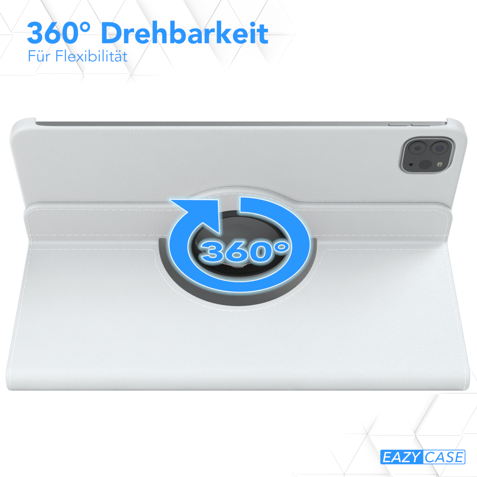 Weißes Tablet-Case mit 360-Grad-Drehsymbol. Tablet ist auf der Rückseite des Cases positioniert.
