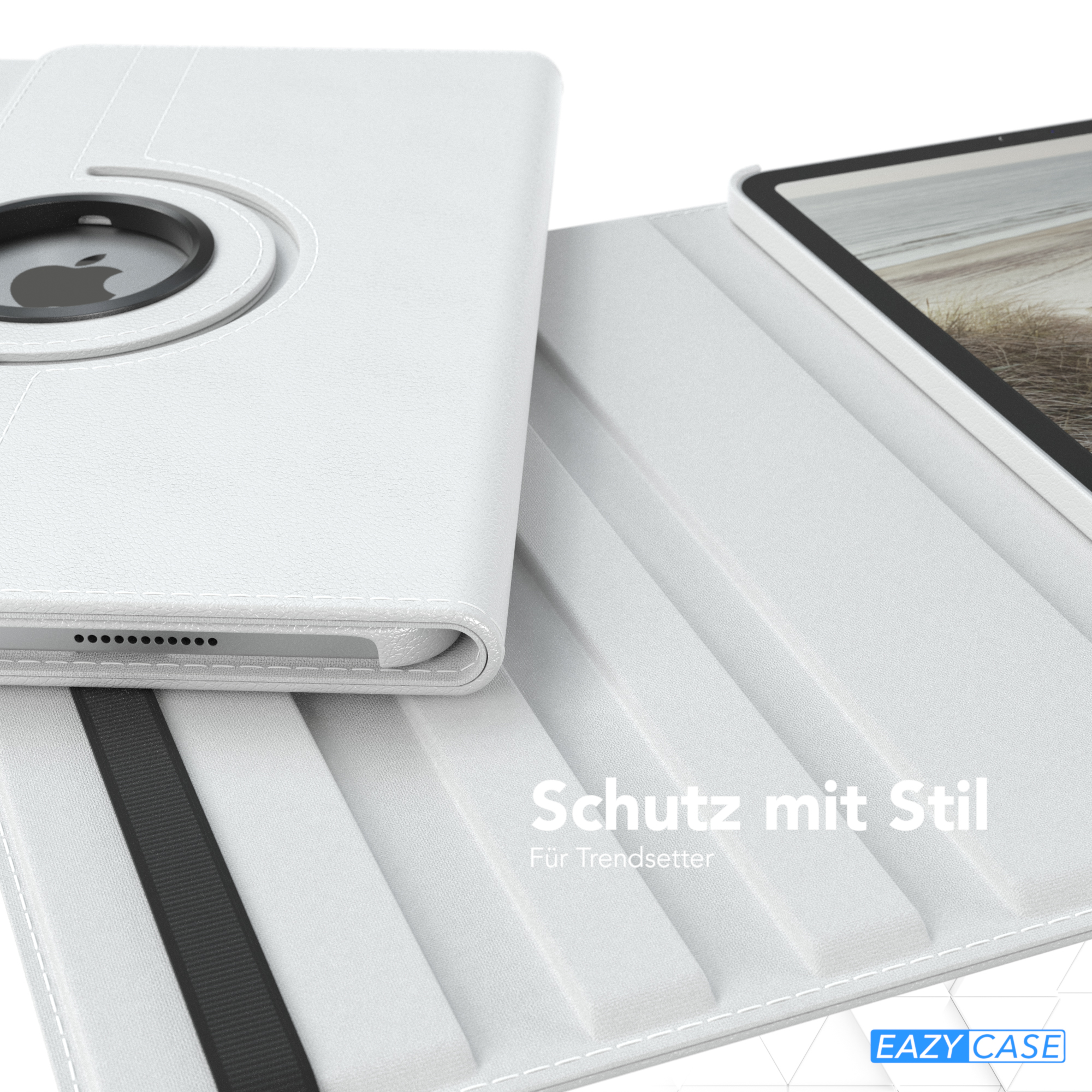 Weiße Tablethülle mit schwarzem Kreis, in geöffneter Position.