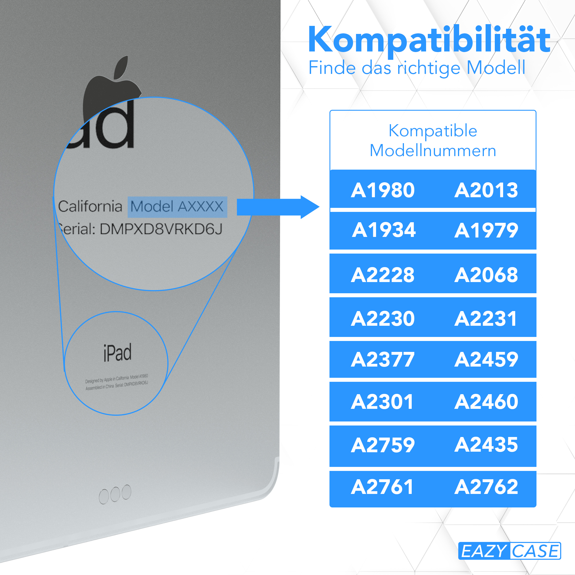 iPad-Modellinformationen auf der Rückseite, einschließlich verschiedener kompatibler Modellnummern.