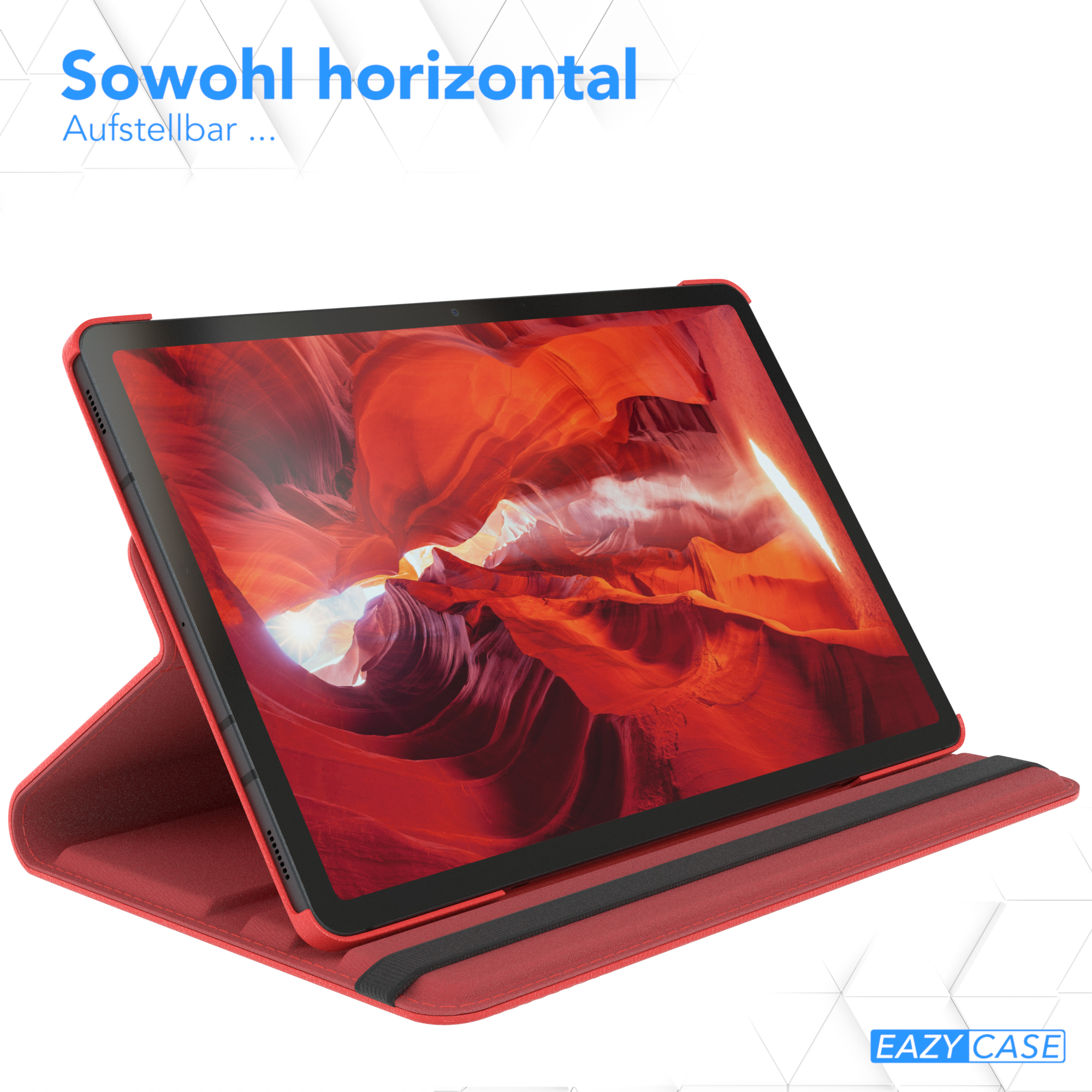 Tablet in roter Hülle, zeigt ein rotes Canyon-Bild. Die Hülle kann horizontal aufgestellt werden.