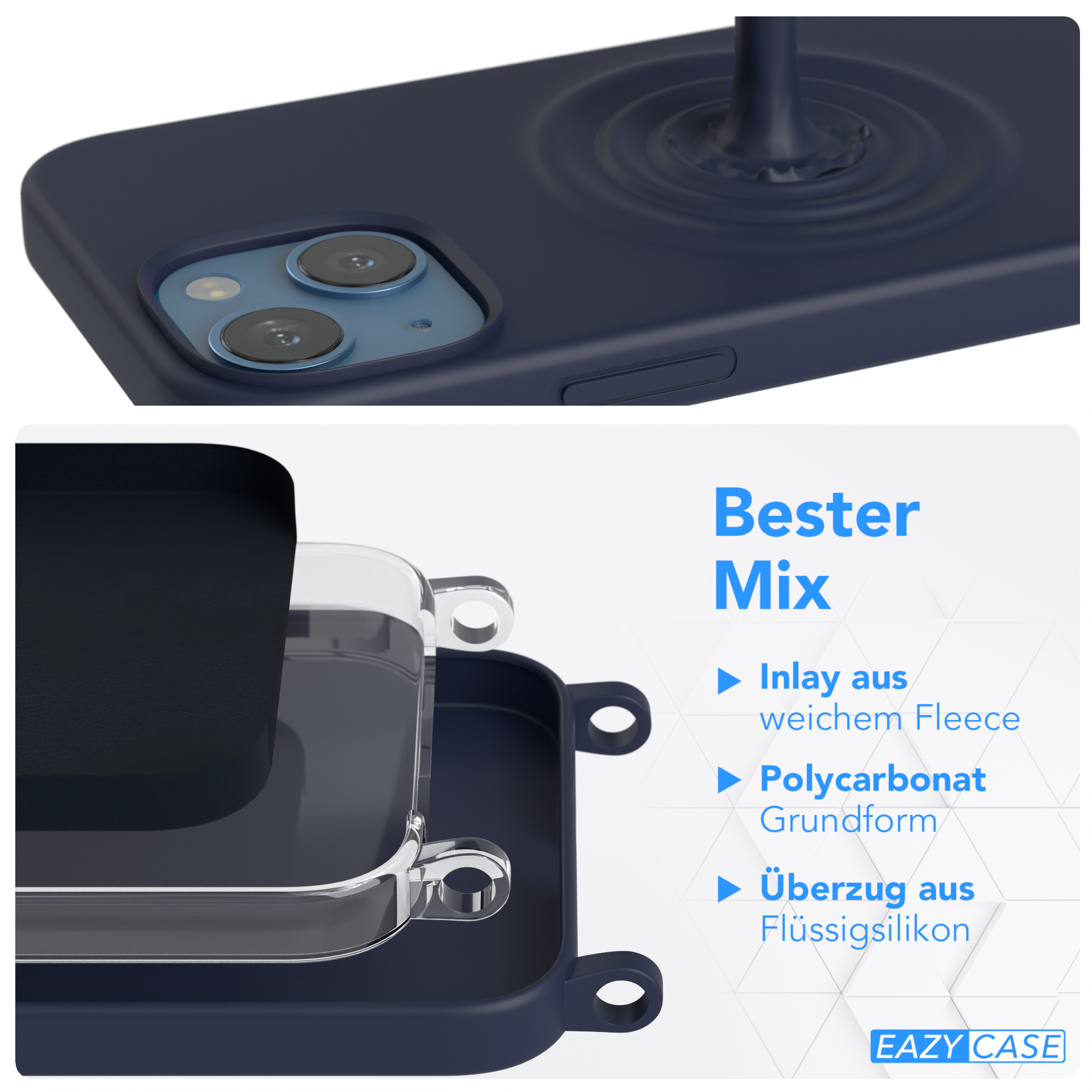 mit EAZY Handy CASE Kette Karabiner / Silikon Premium Breit Dunkel Apple, Umhängetasche, Hülle, Mini, Gold iPhone Blau 13