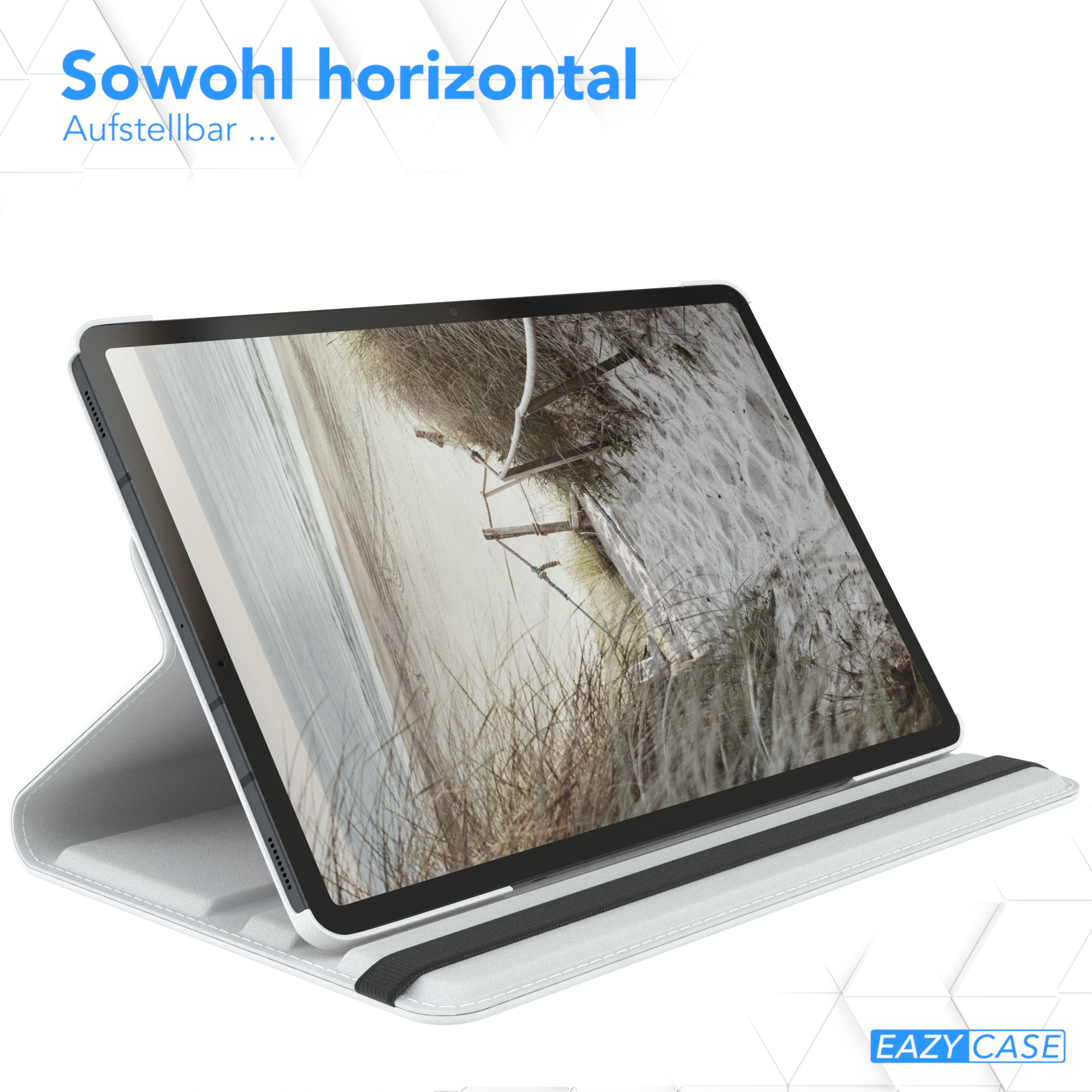 Tablet in einer weißen Hülle, aufgestellt. Der Bildschirm zeigt ein Strandbild mit einem weiß-schwarzen Streifen.