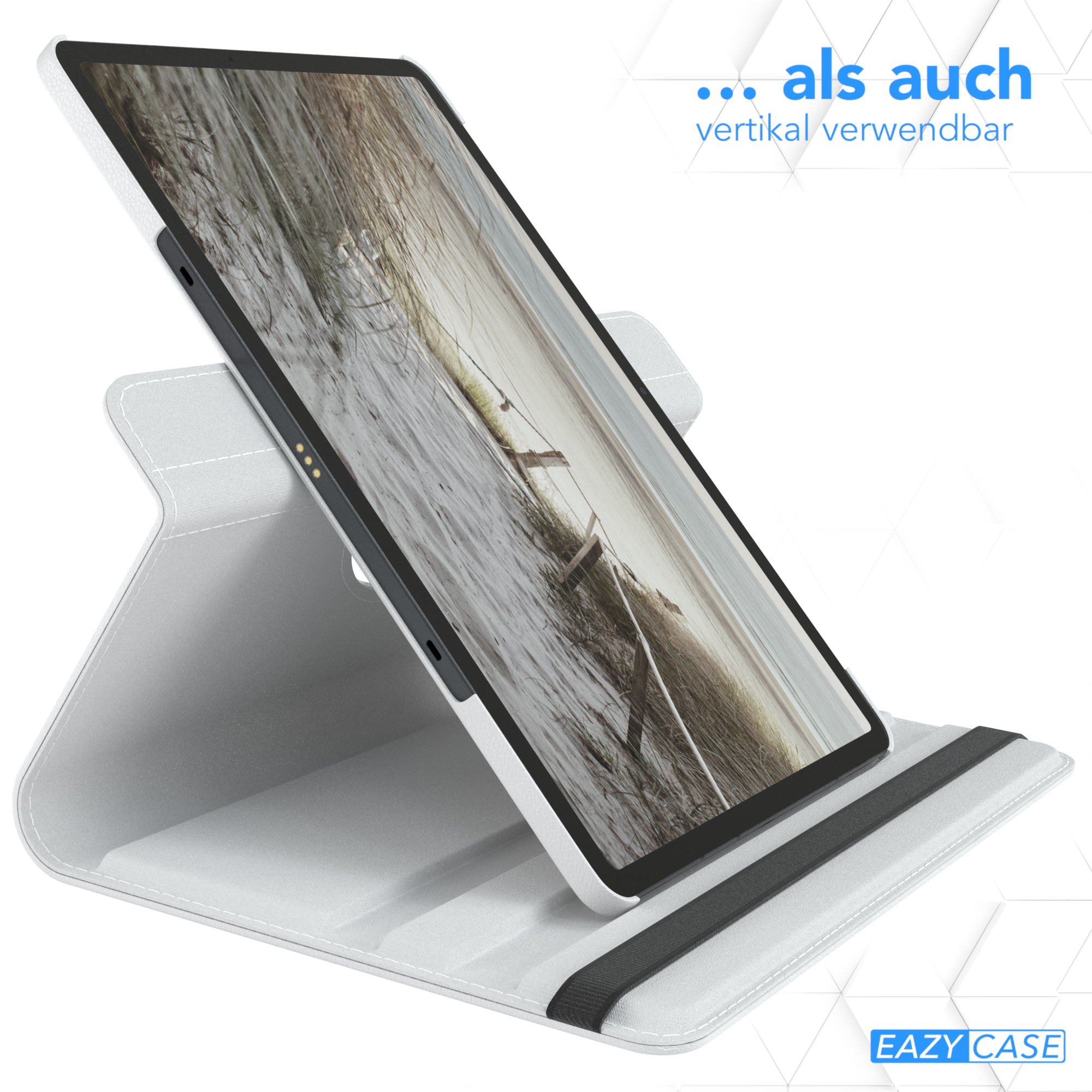 Tablet in weißer Hülle, zeigt ein Landschaftsbild. Die Hülle kann vertikal verwendet werden.