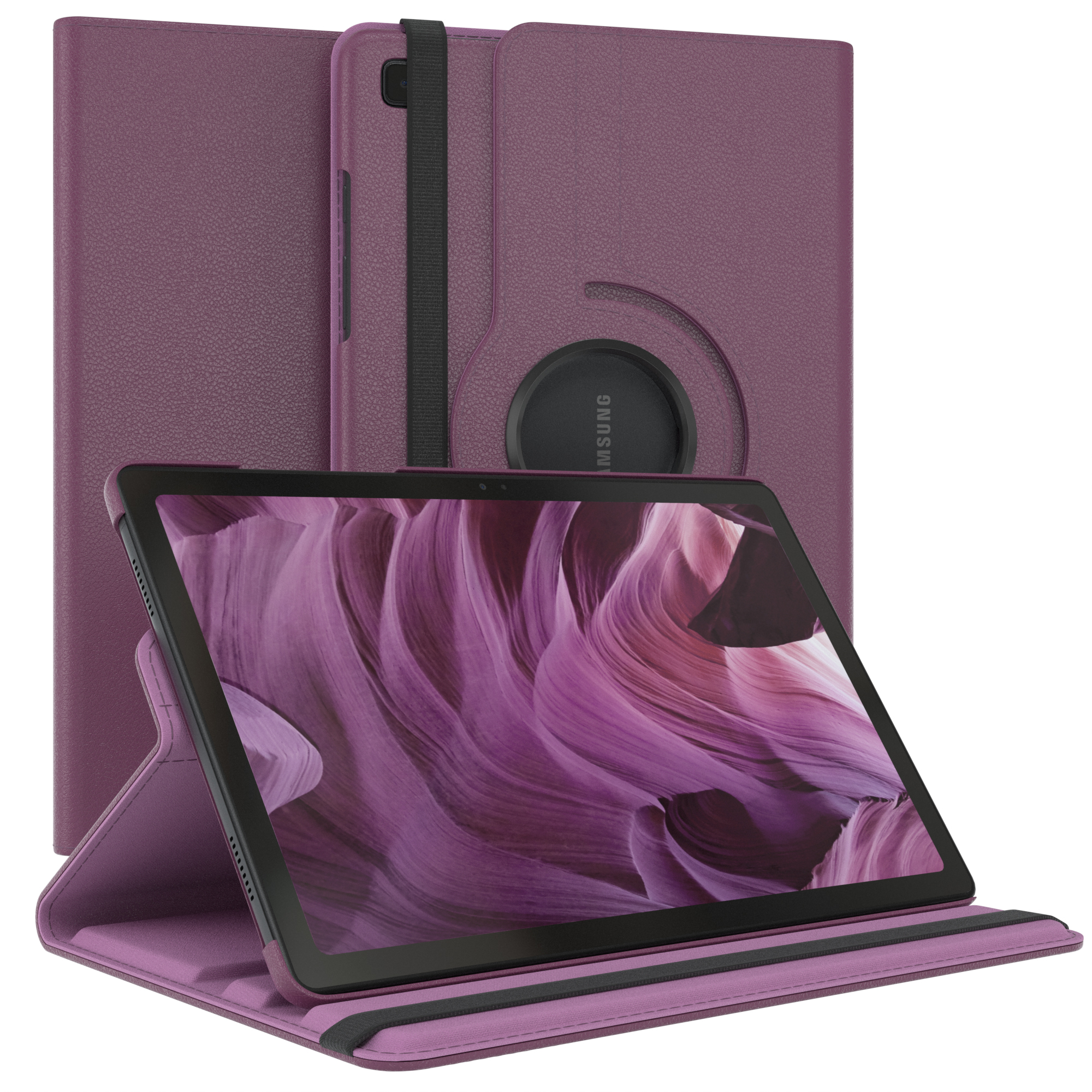 Lila Tablet in einer lila Hülle. Der Bildschirm zeigt eine lila Landschaftsansicht.