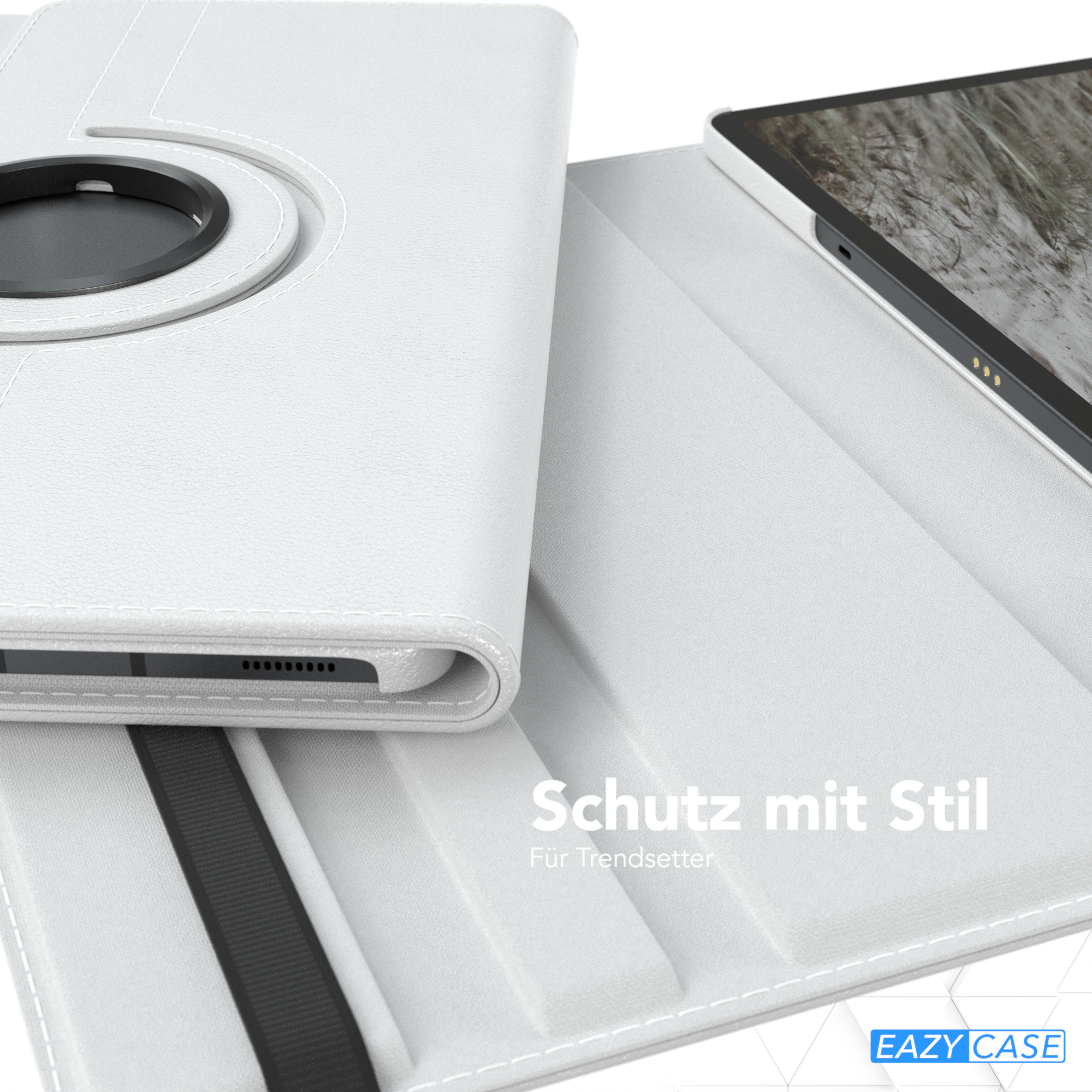 Geöffnete weiße Tablet-Hülle mit Tablet, schwarzem Gurt und Logo.