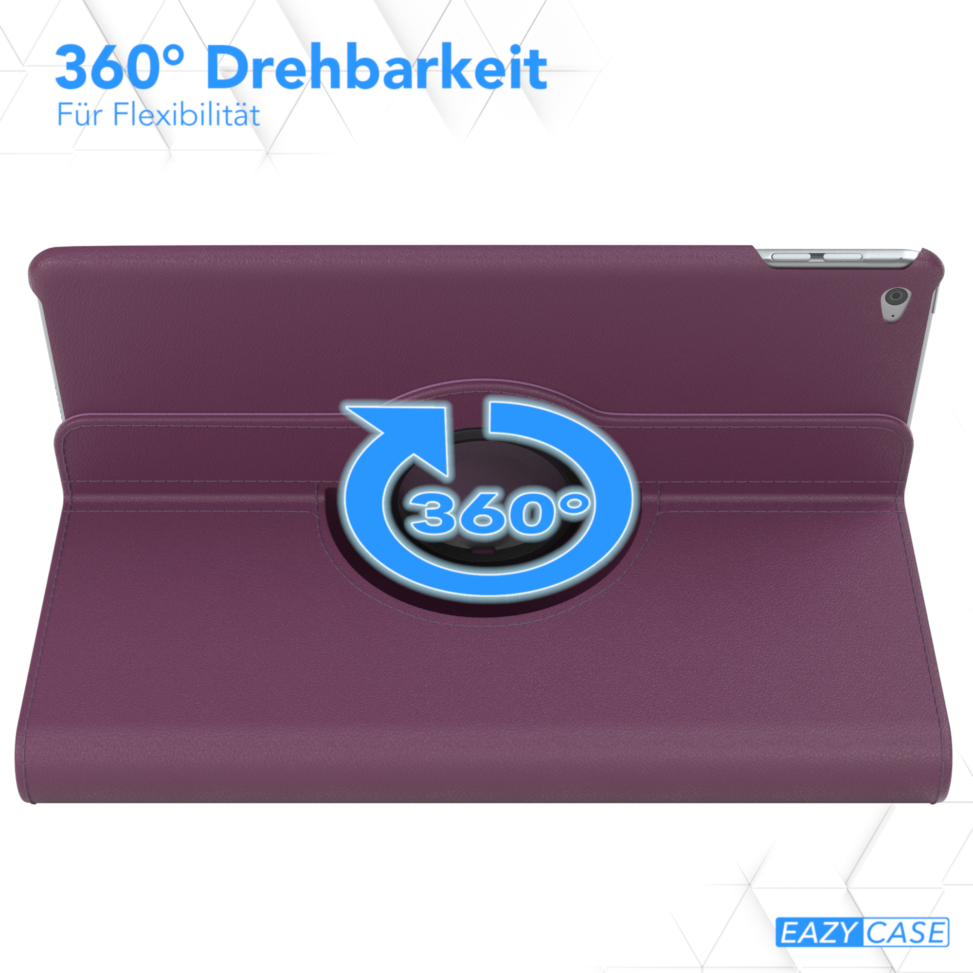 Lila Tablet-Hülle mit 360-Grad-Drehdesign und dem Text '360° Drehbarkeit'