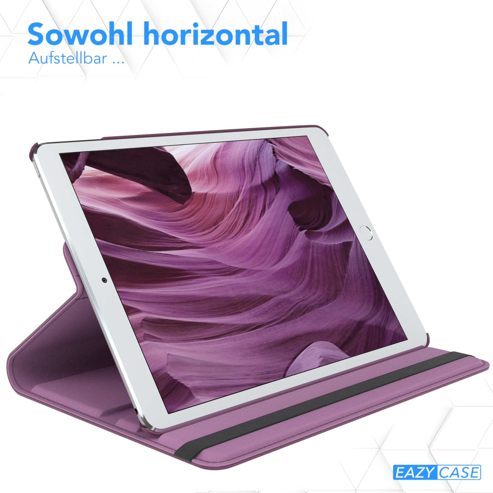 Ein lila Tablet in einer lila Hülle. Die Hülle kann horizontal aufgestellt werden.