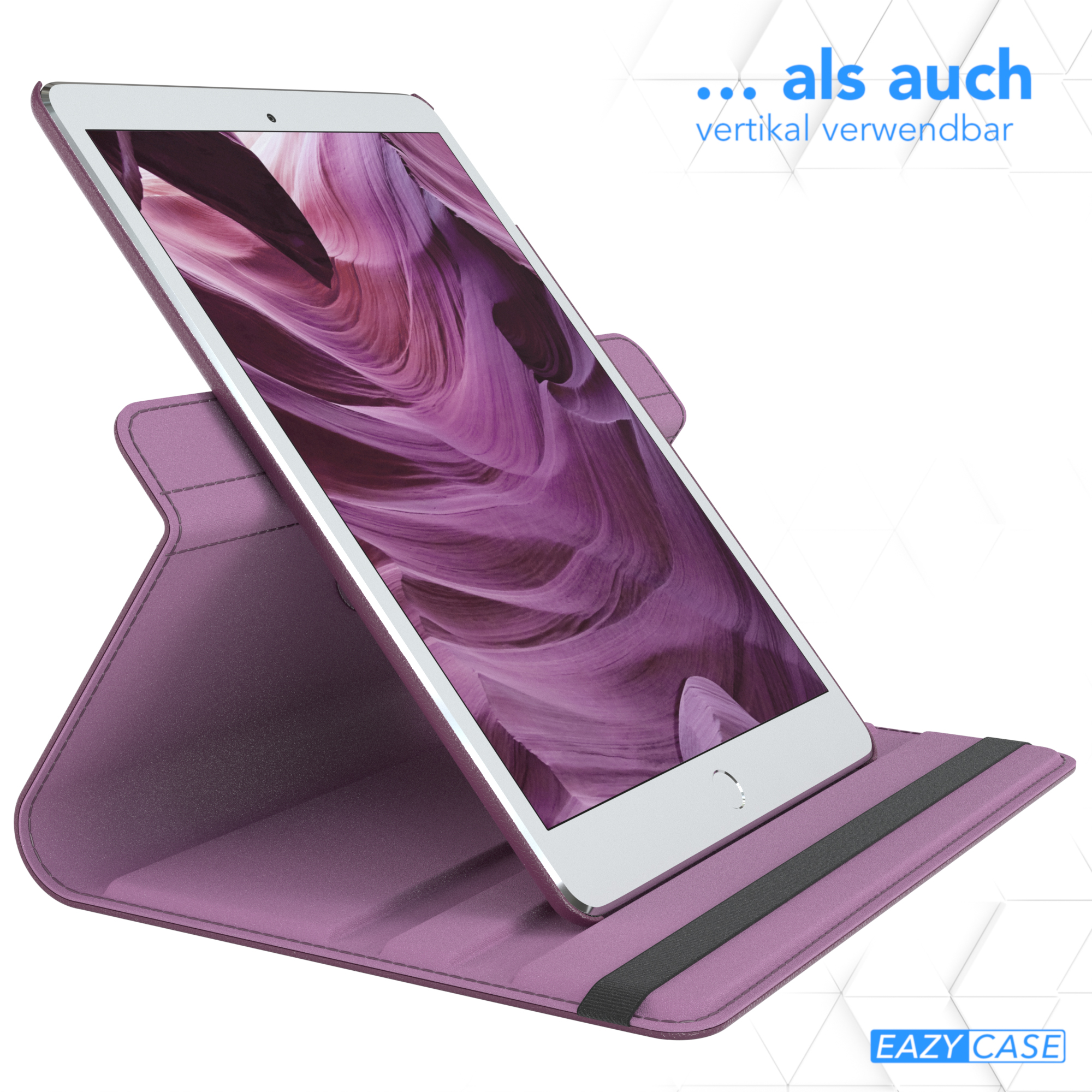 Violette Tablethülle, Tablet zeigt violetten Canyon, angewinkelt.