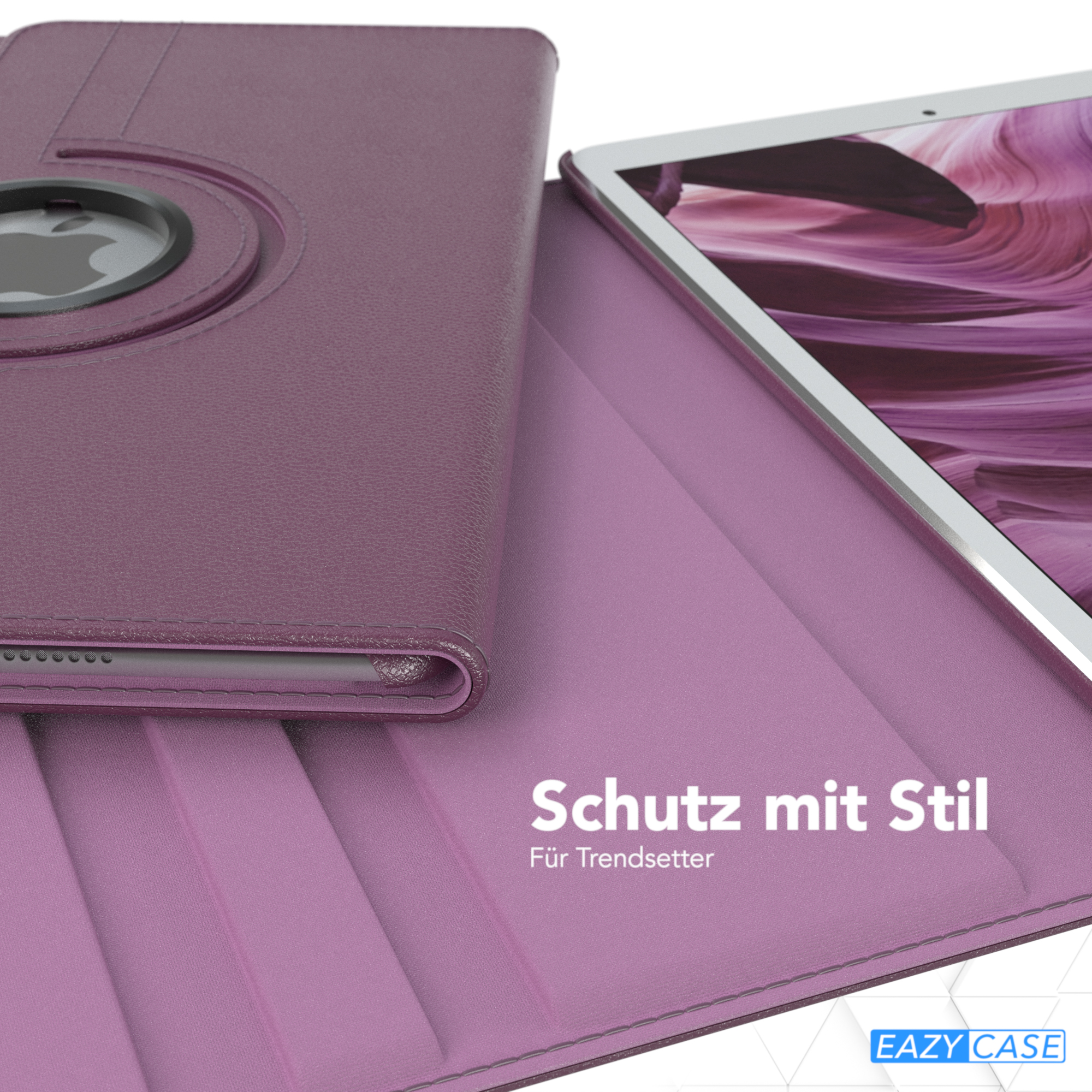 Tablet-Hülle offen auf einem Tisch. Die Hülle ist lila, mit einem Tablet darin, mit Text darauf.