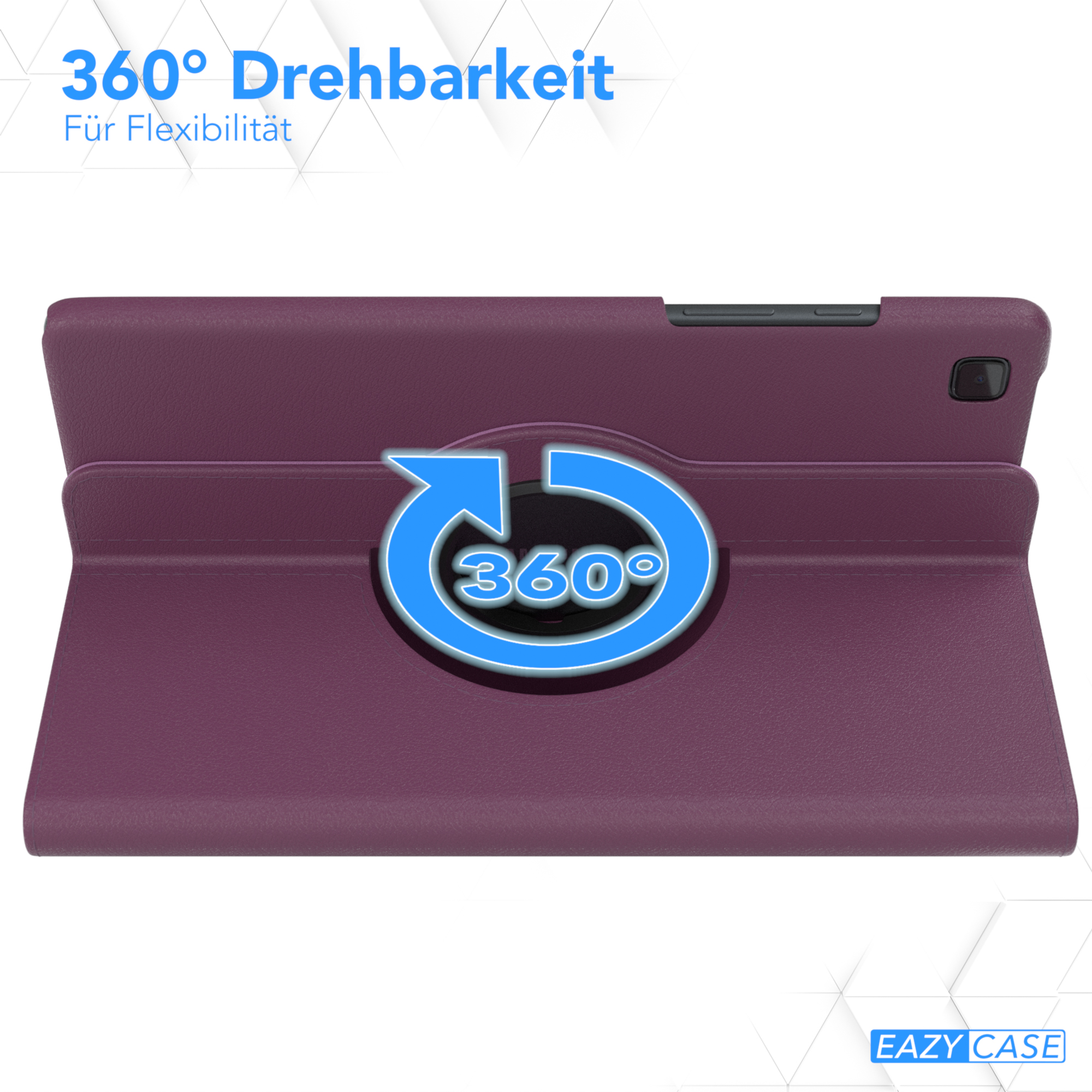 Lila Tablet in rotierender Hülle. Text: 360° Drehbarkeit.
