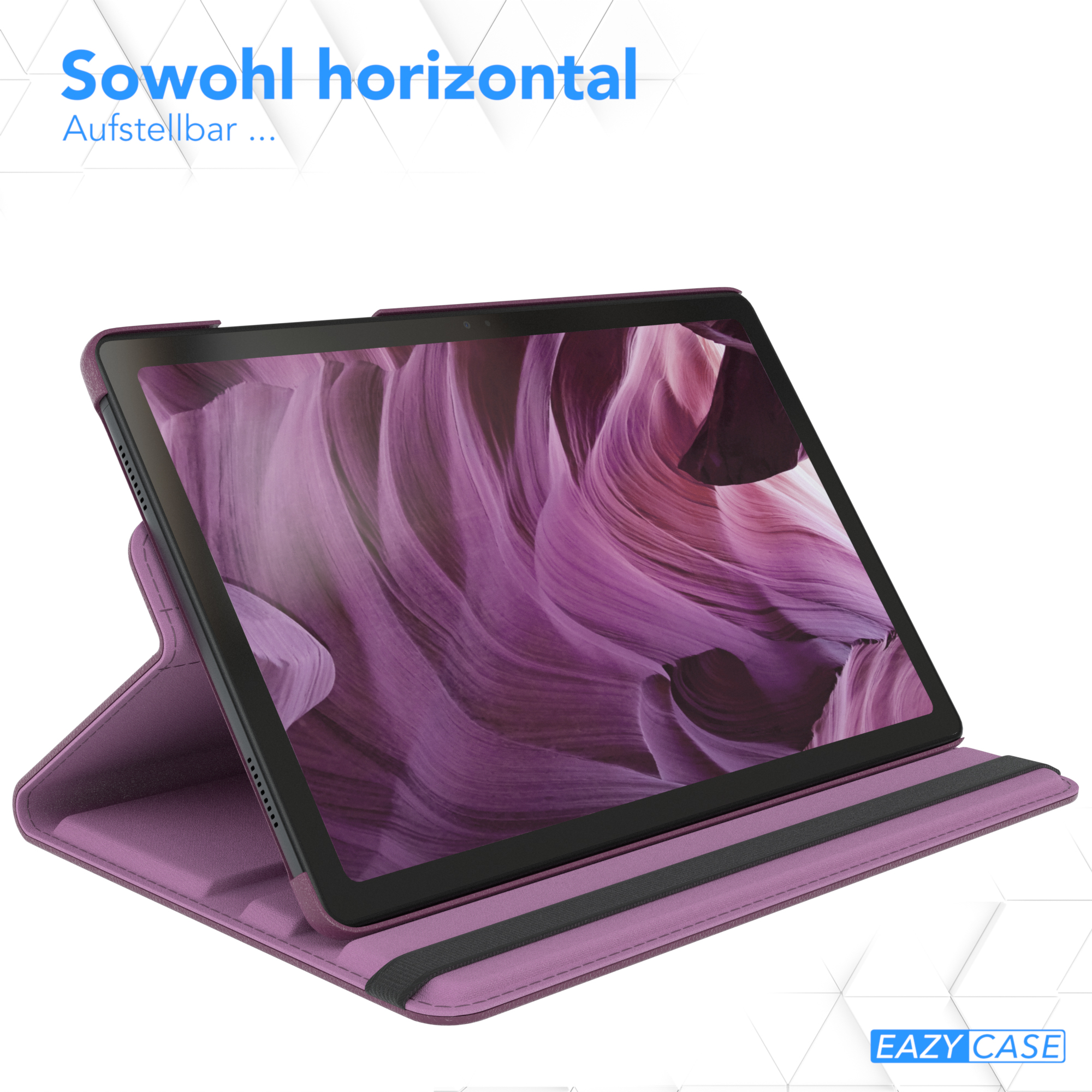 Tablet mit lila Hülle, horizontal stehend. Der Bildschirm zeigt eine lilafarbene Berglandschaft.