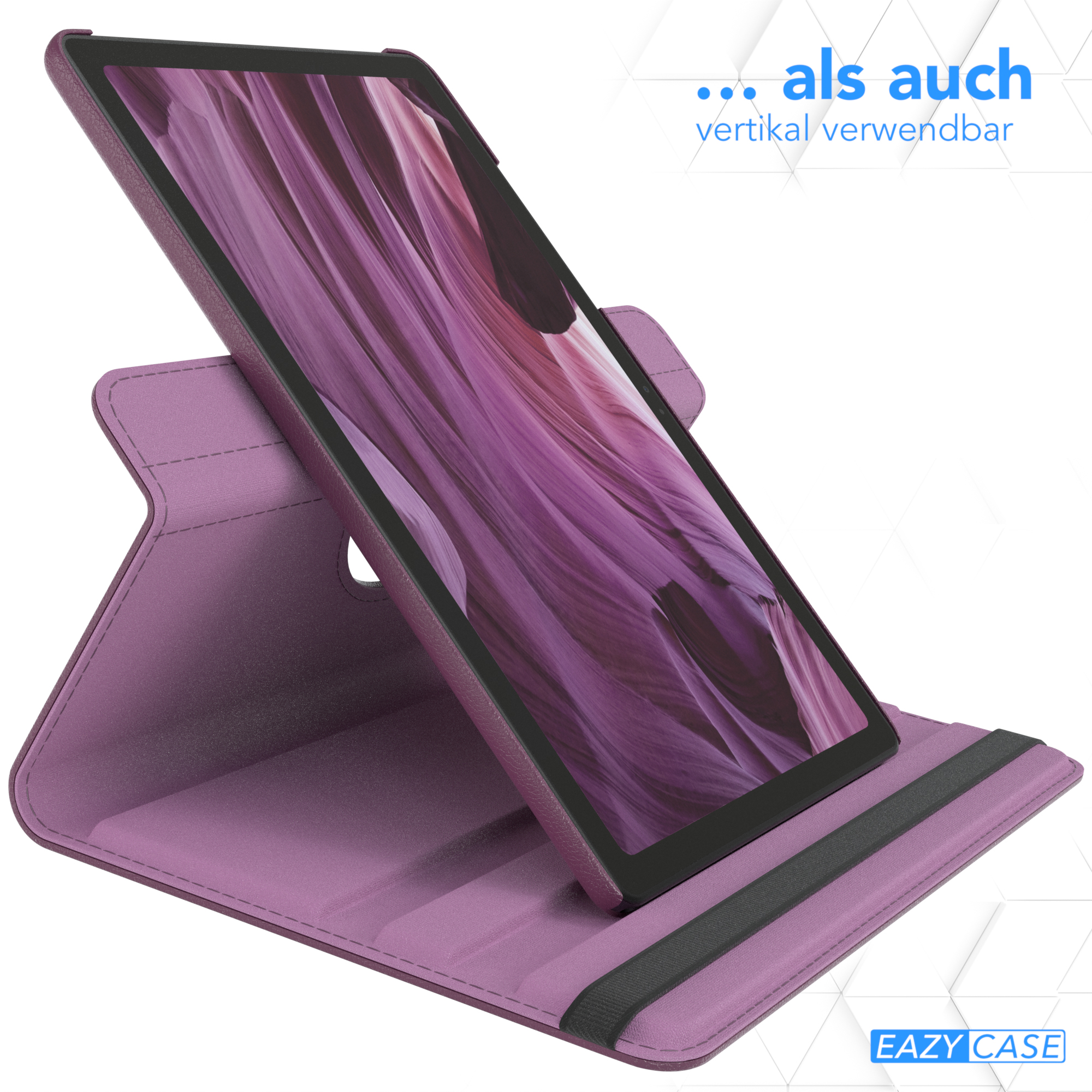Tablet in einer lila Hülle, aufrecht stehend. Schwarzes Band in der Hülle. Weißer Hintergrund.