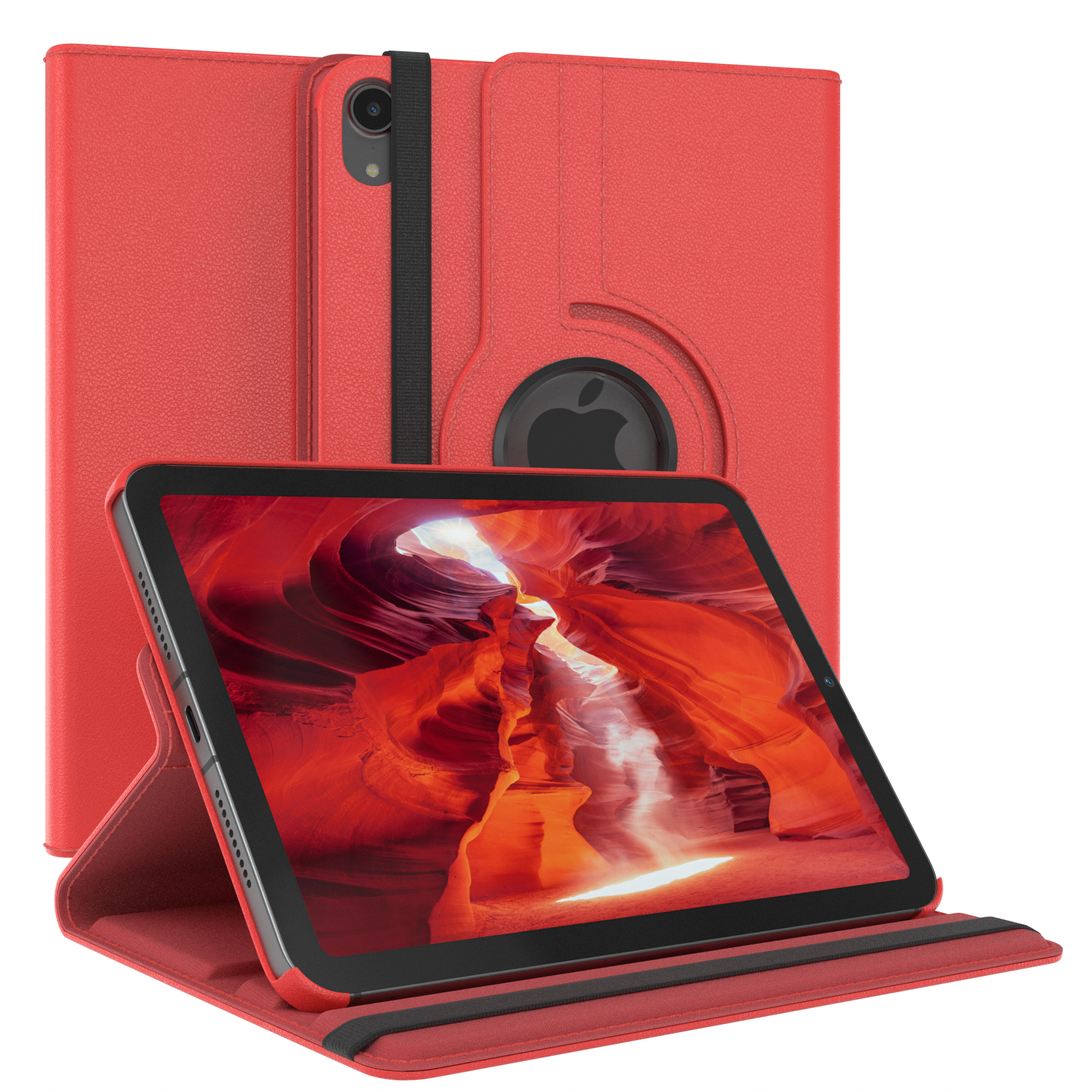 Rote Tablethülle mit offenem Tablet, das eine Canyonlandschaft zeigt.