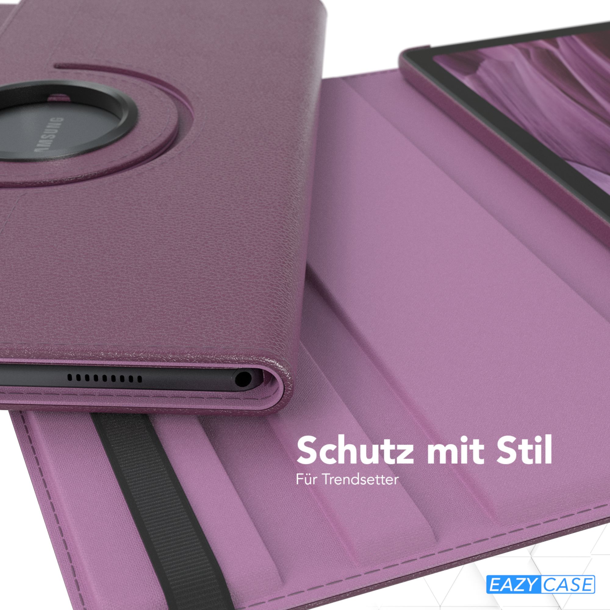 Lila Tablet-Hülle offen, Innenraum zeigt lilafarbenes Design. Text ist Schutz mit Stil.