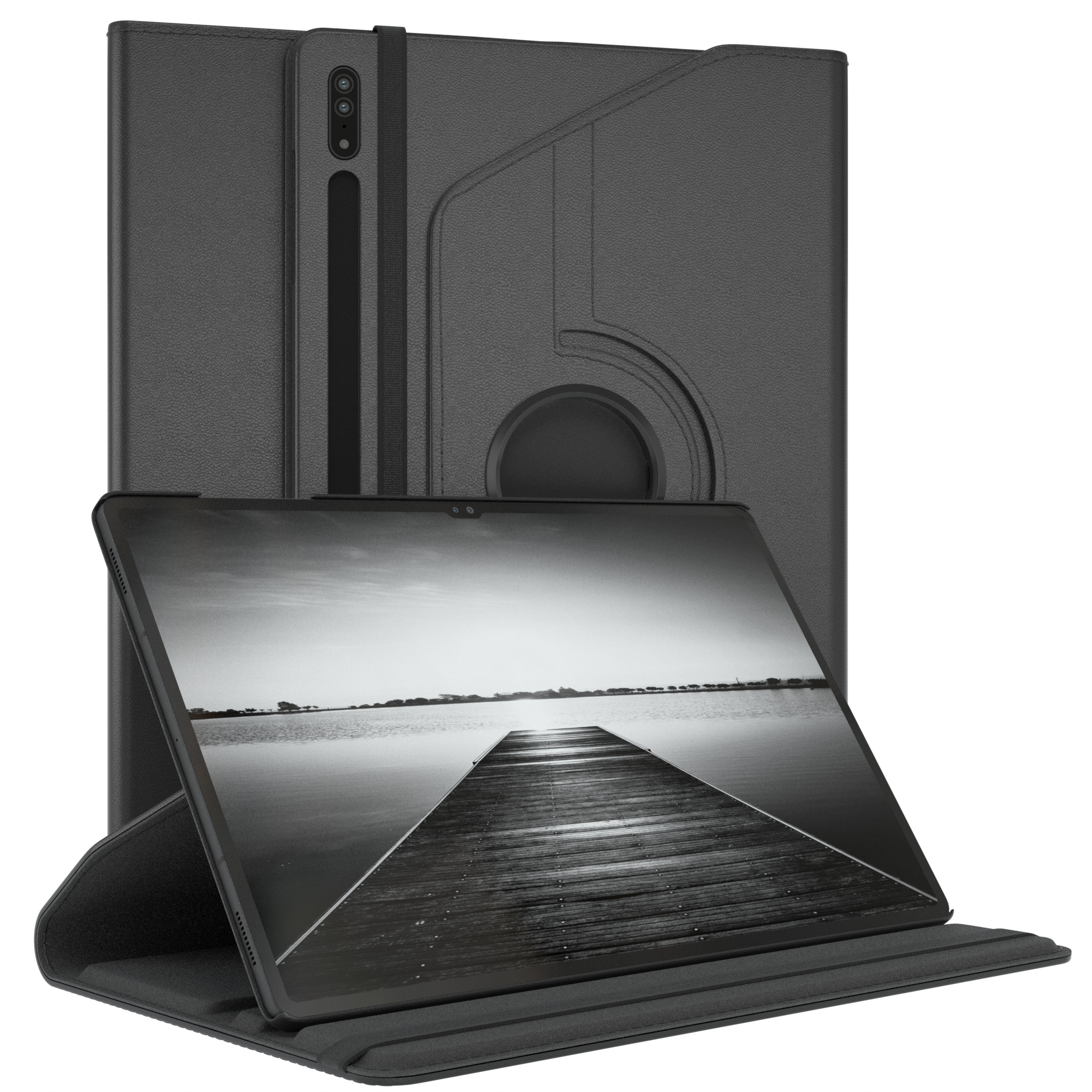 Schwarzes Tablet in schwarzem Gehäuse, Bildschirm zeigt Holzsteg.