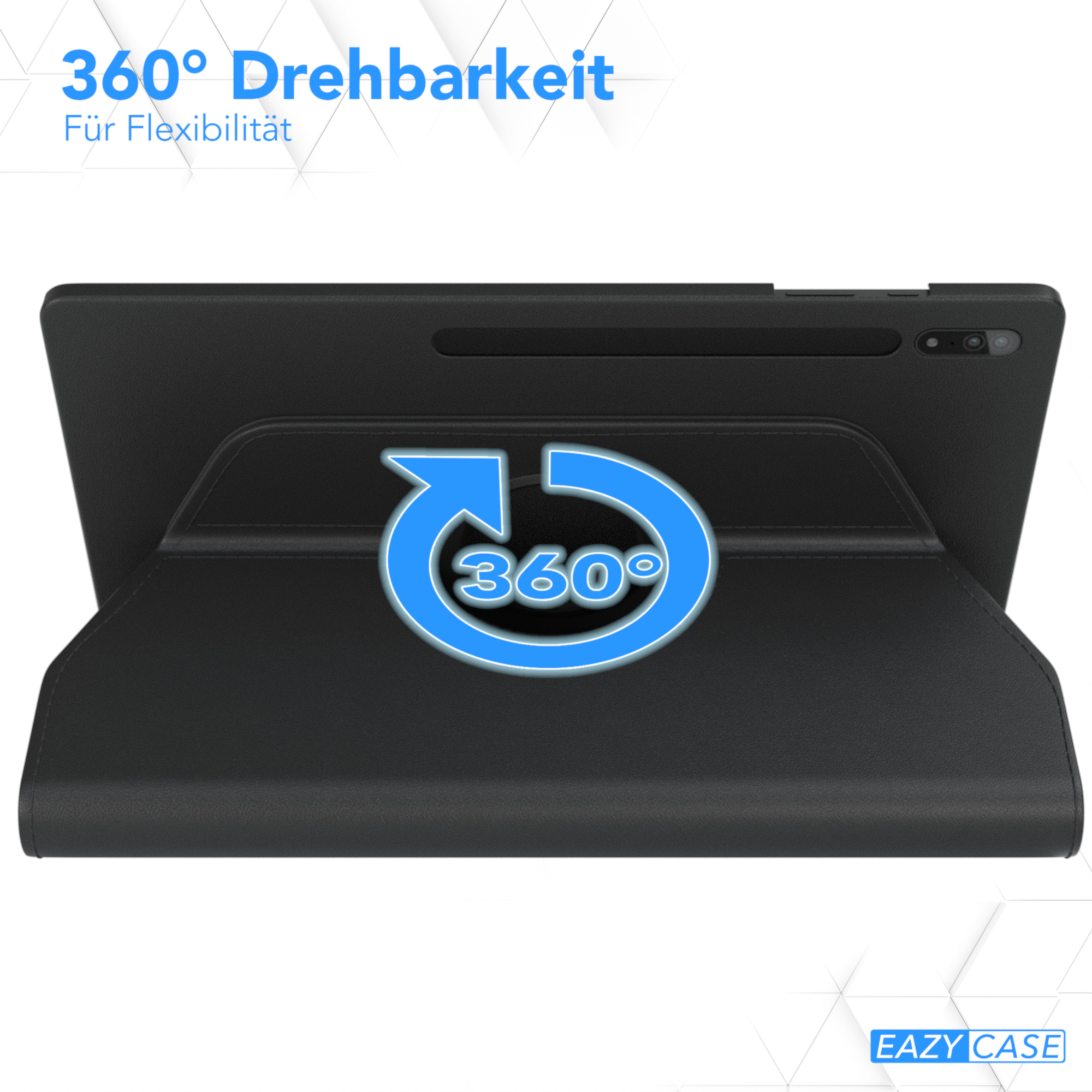 Schwarze Tablet-Hülle mit 360-Grad-Drehung. Das Gerät befindet sich in geöffneter Position.