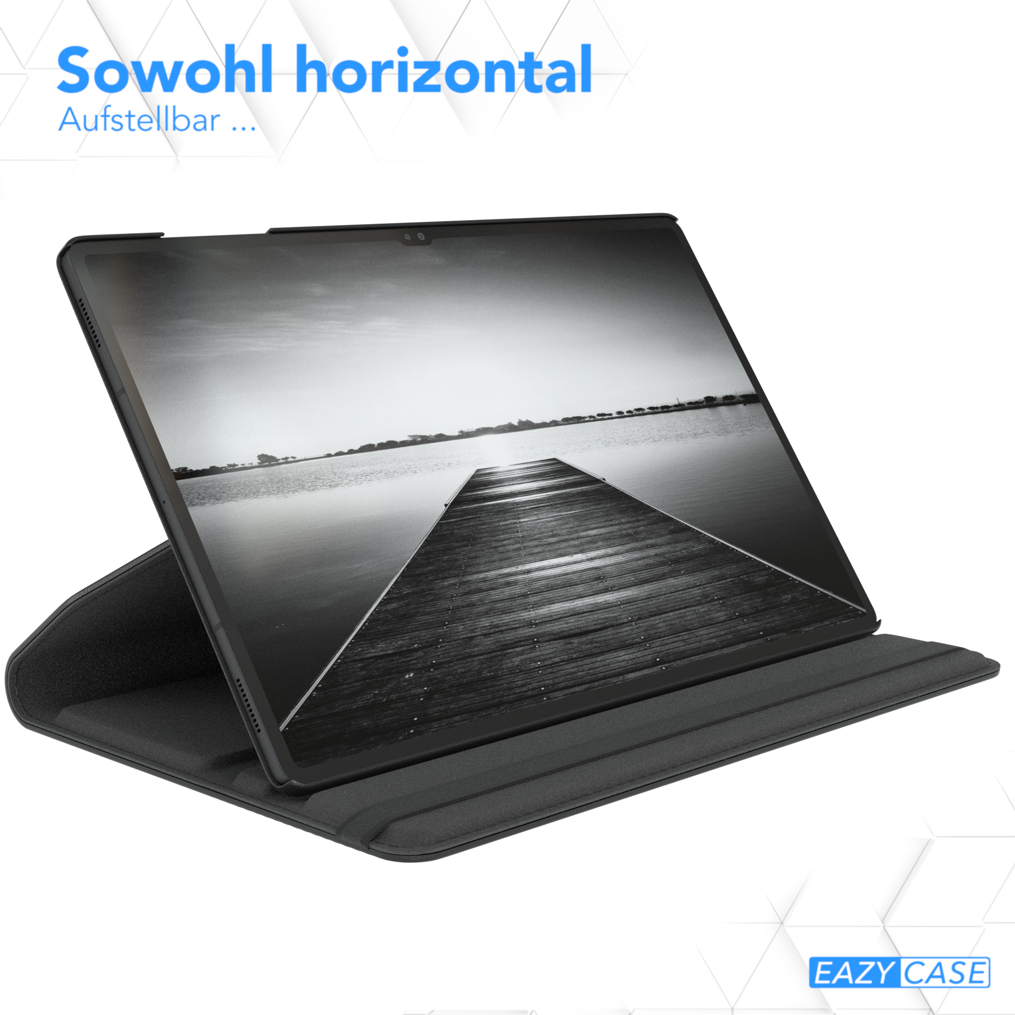 Schwarzes Tablet in schwarzer Hülle, geöffnet. Der Bildschirm zeigt eine Schwarz-Weiß-Pier-Szene.