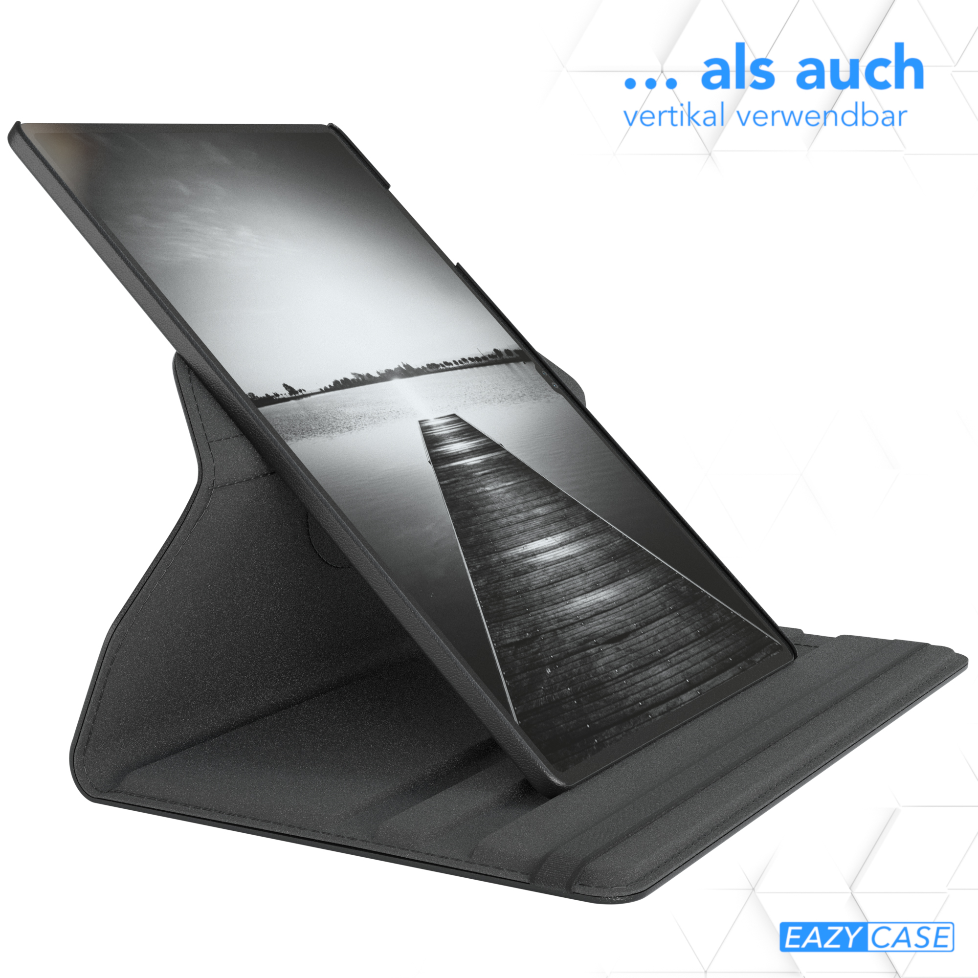 Ein Tablet steht in einem Ständer. Der Ständer ist schwarz und das Tablet zeigt ein Landschaftsbild.