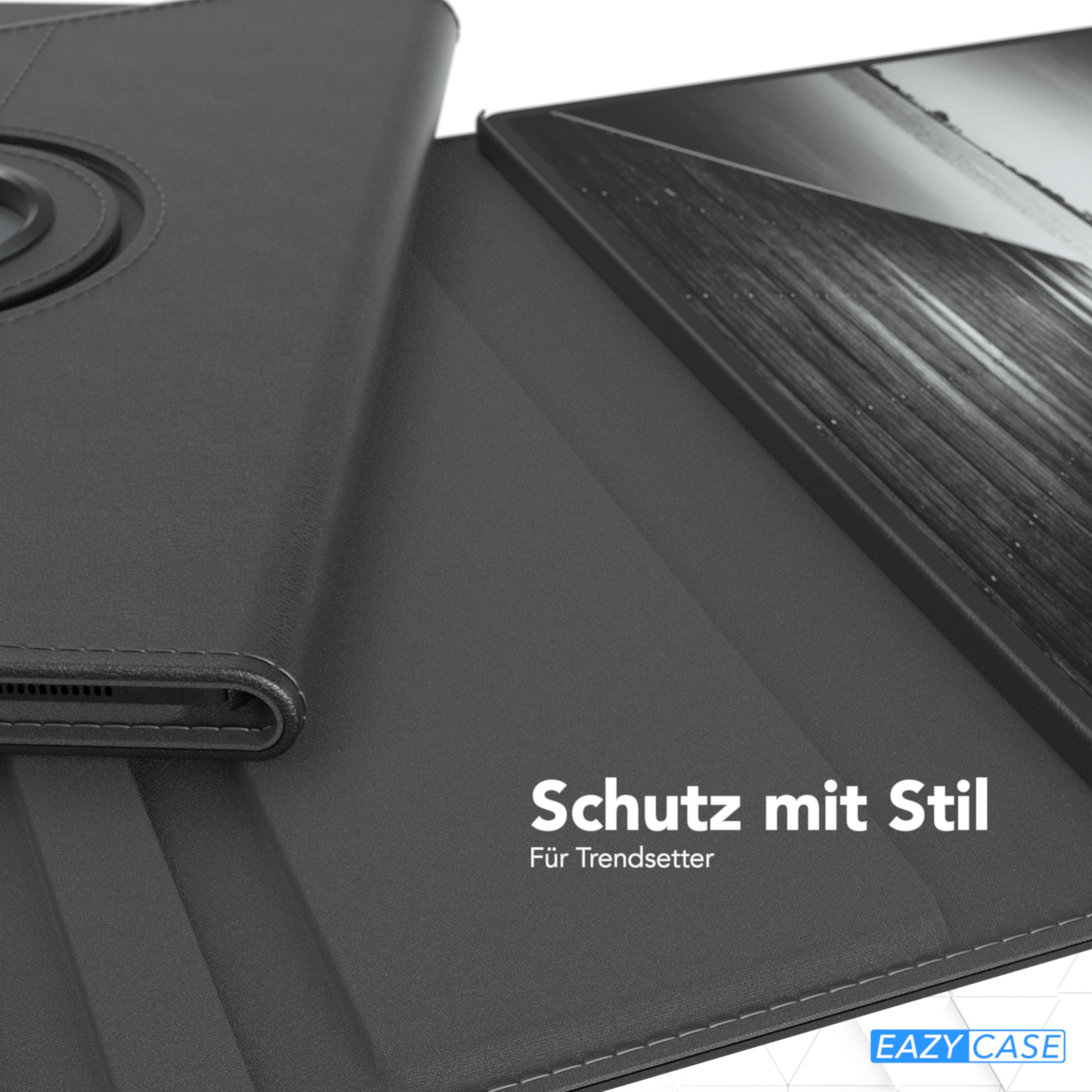 Eine schwarze Tablethülle. Text: Schutz mit Stil. Für Trendsetter.