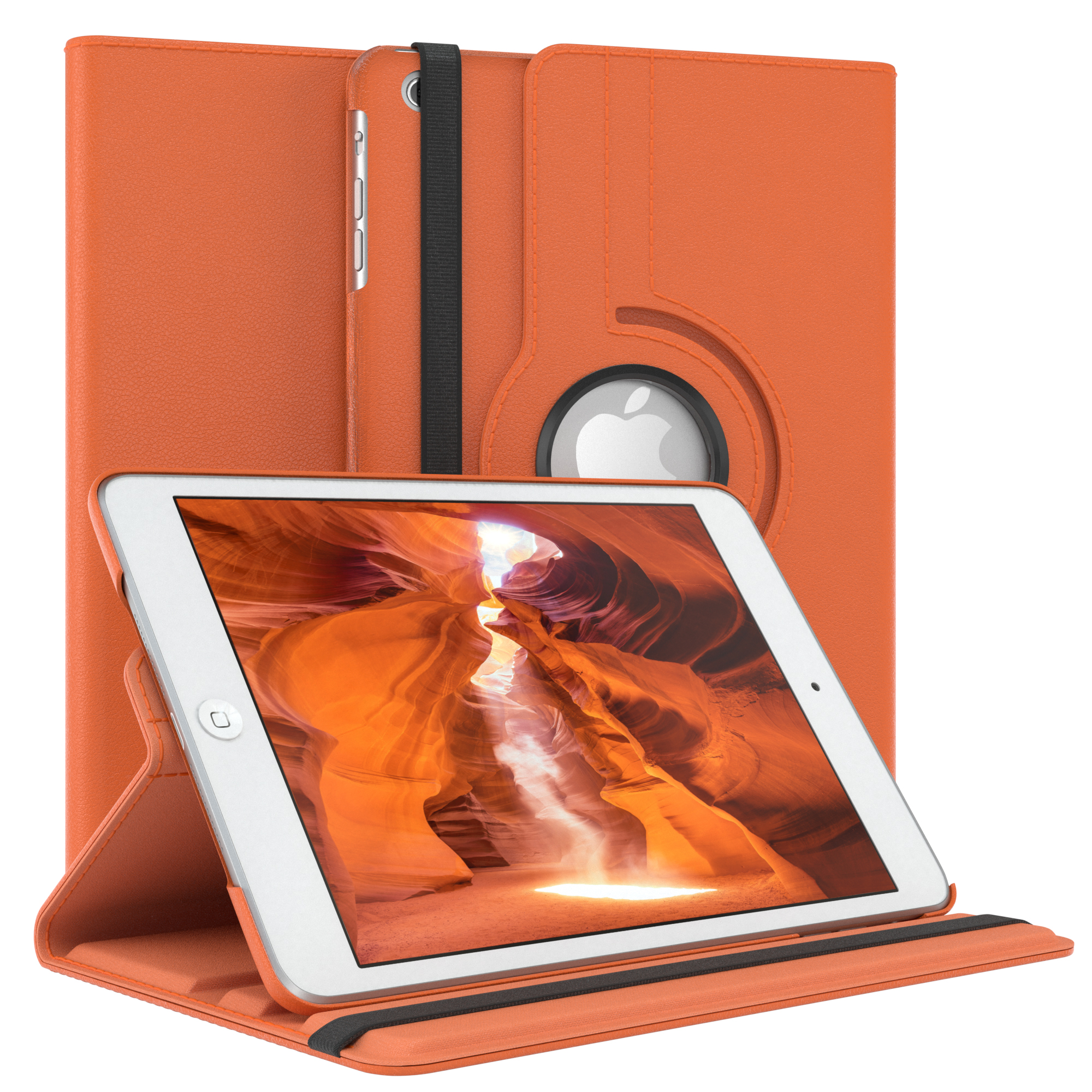 Orangene iPad-Hülle mit geöffnetem iPad. Die Hülle zeigt eine Schluchtszene auf dem Bildschirm.