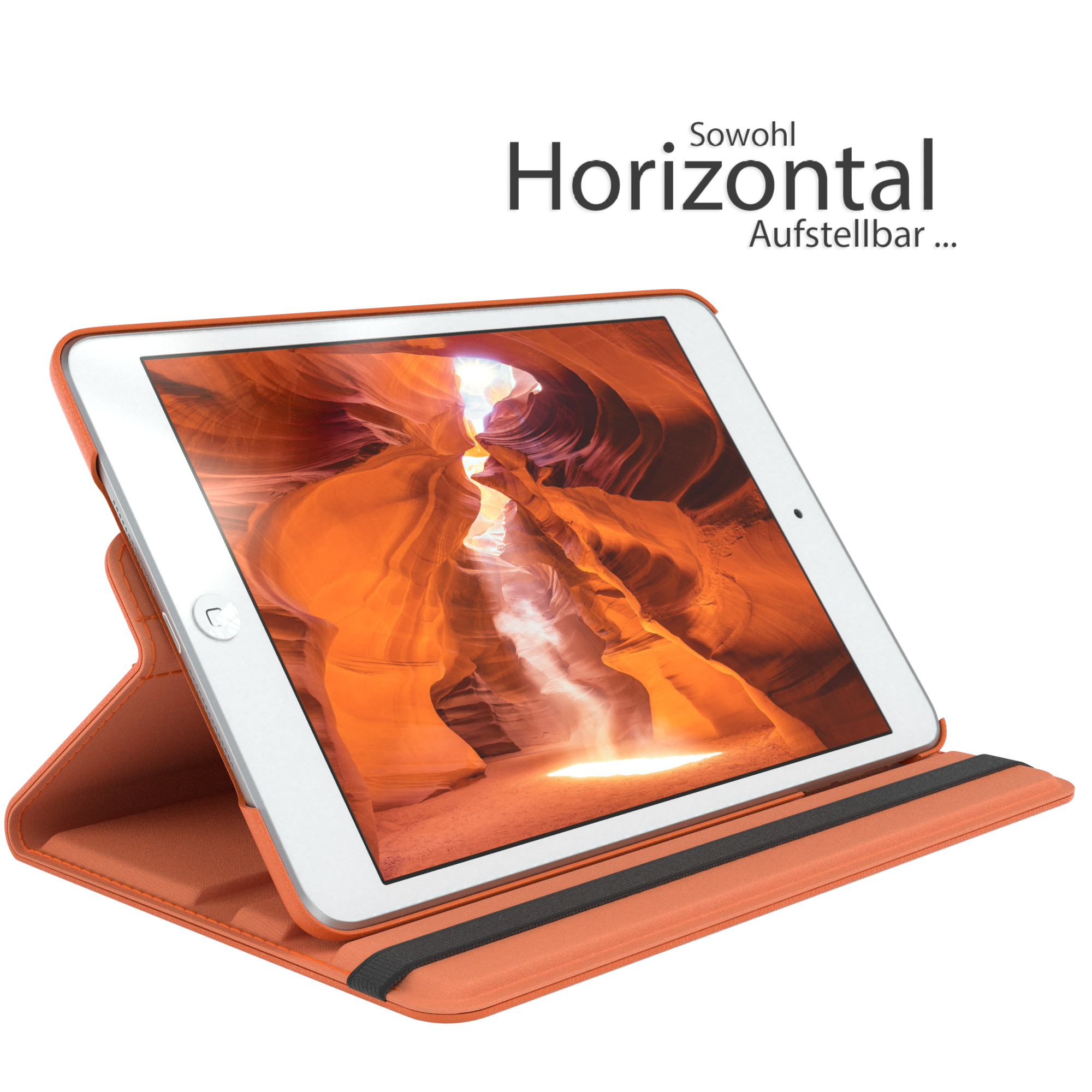 Tablet in einer orangefarbenen Hülle, geöffnet. Text: Horizontal Aufstellbar.