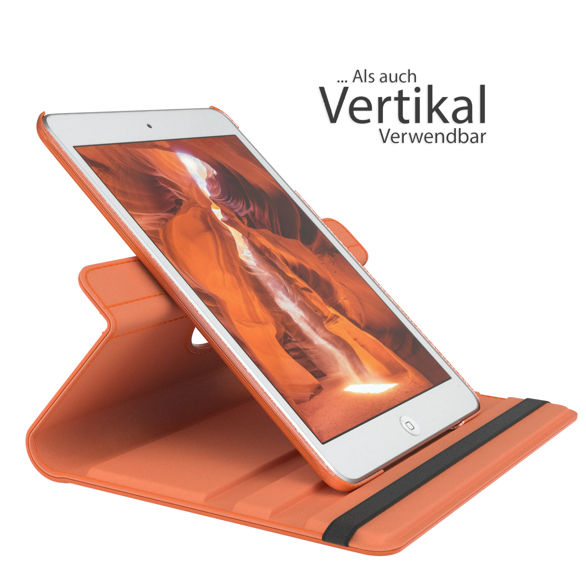 Orangefarbene Tablethülle mit Tablet darin, aufgestellt. Text 'Vertikal' sichtbar.