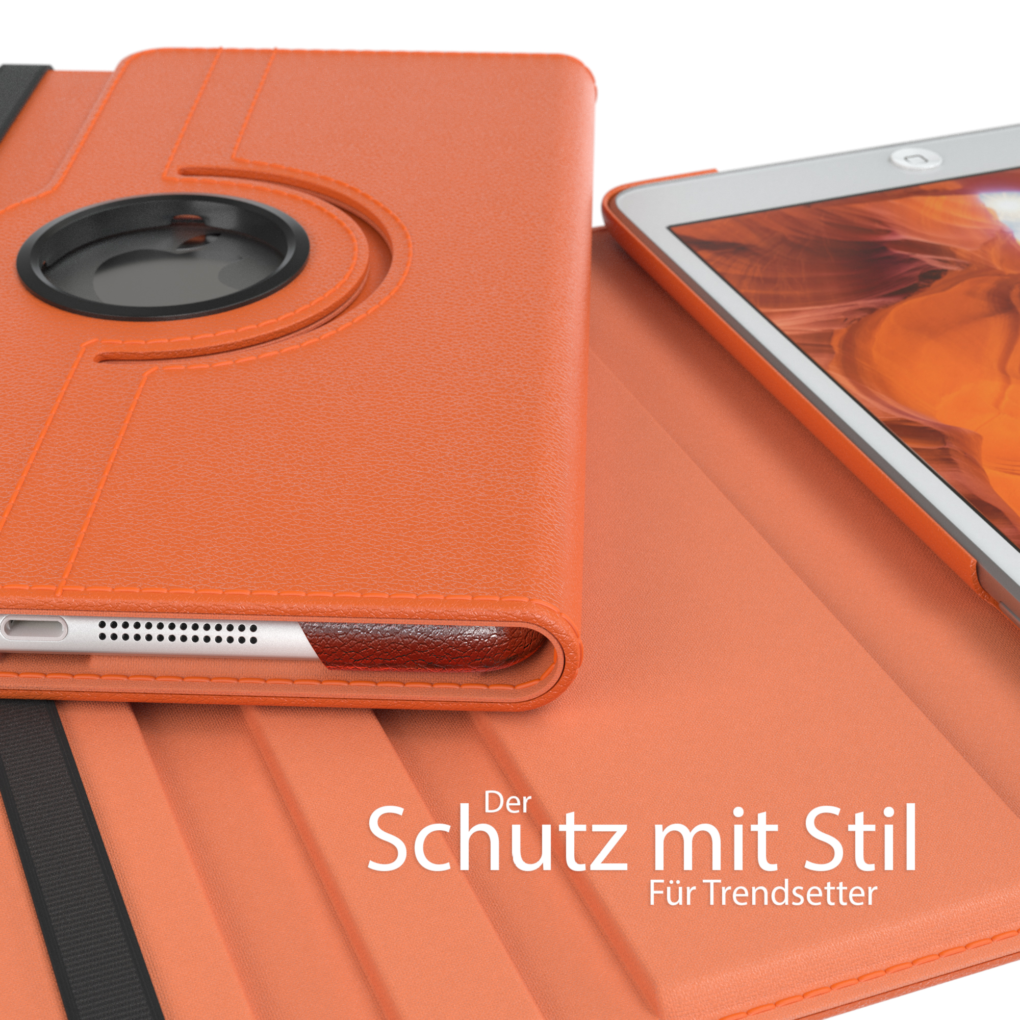 Orange Tablet-Hülle mit schwarzem Riemen, geöffnet. Tablet innen. Text: 'Schutz mit Stil'.