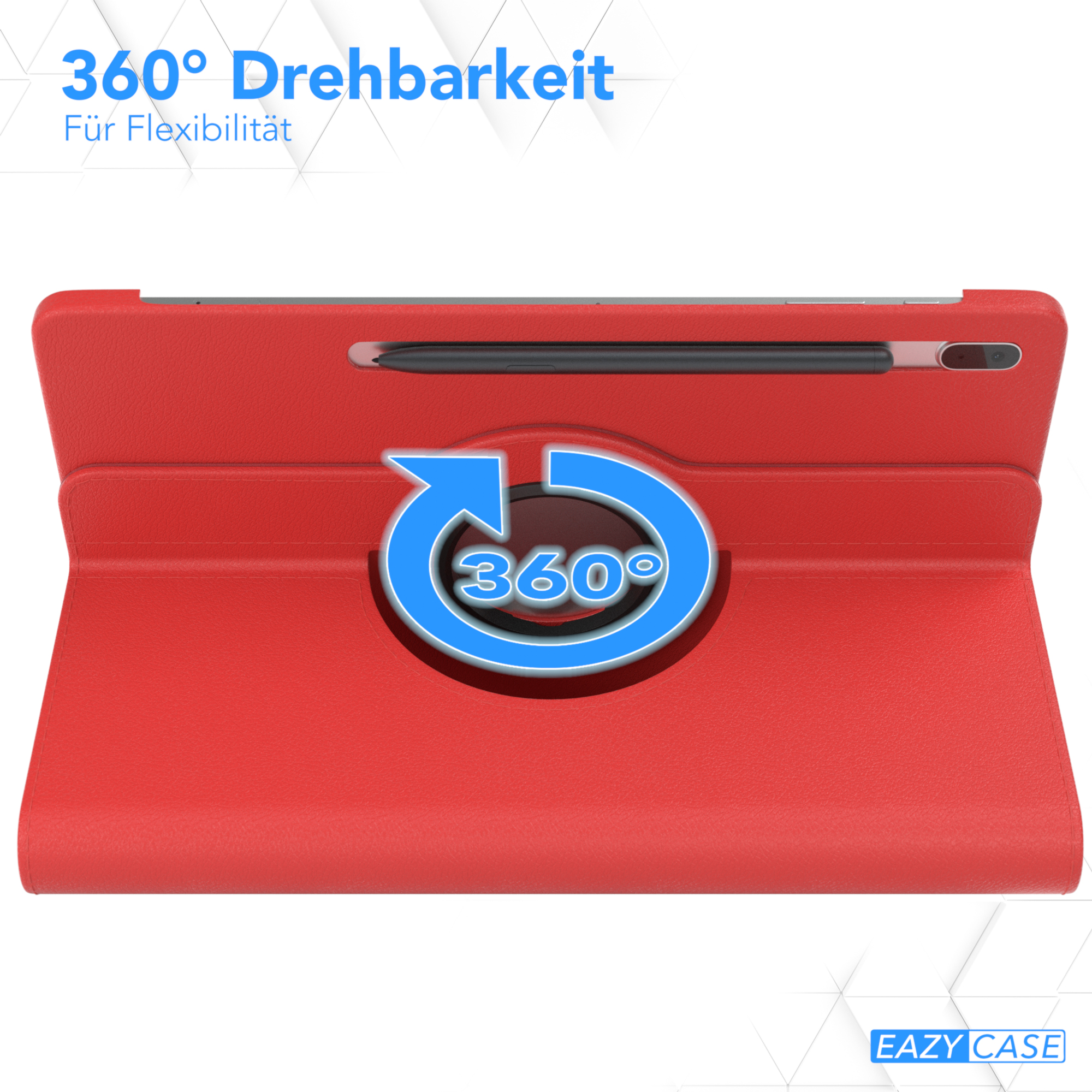 Eine rote Tablethülle offen mit dem Text '360° Drehbarkeit' und einem schwarzen Stift.