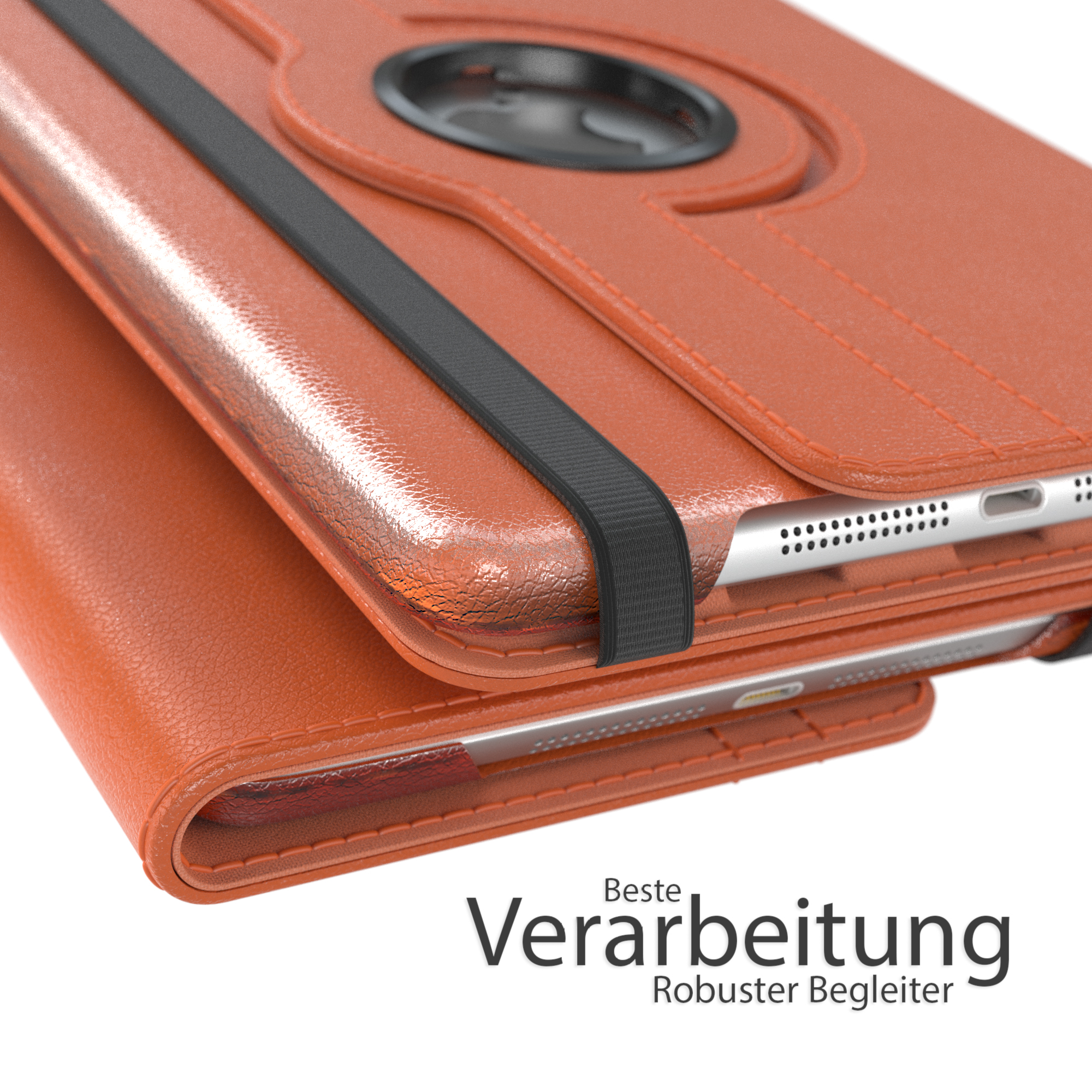 Orangefarbene Tablethülle aus Leder mit schwarzem Riemen. Text: 'Beste Verarbeitung'.