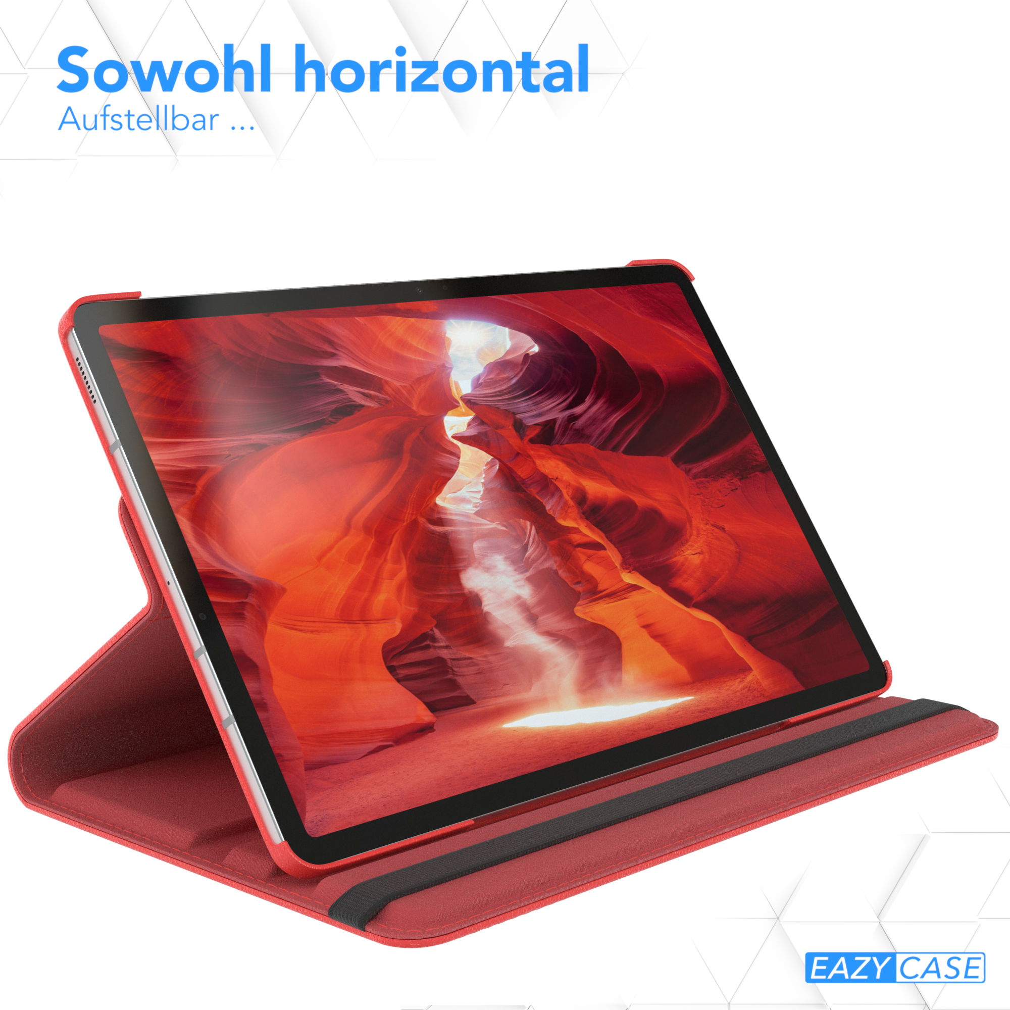 Eine rote iPad-Hülle horizontal angezeigt, mit den Worten 'Sowohl horizontal' darüber.