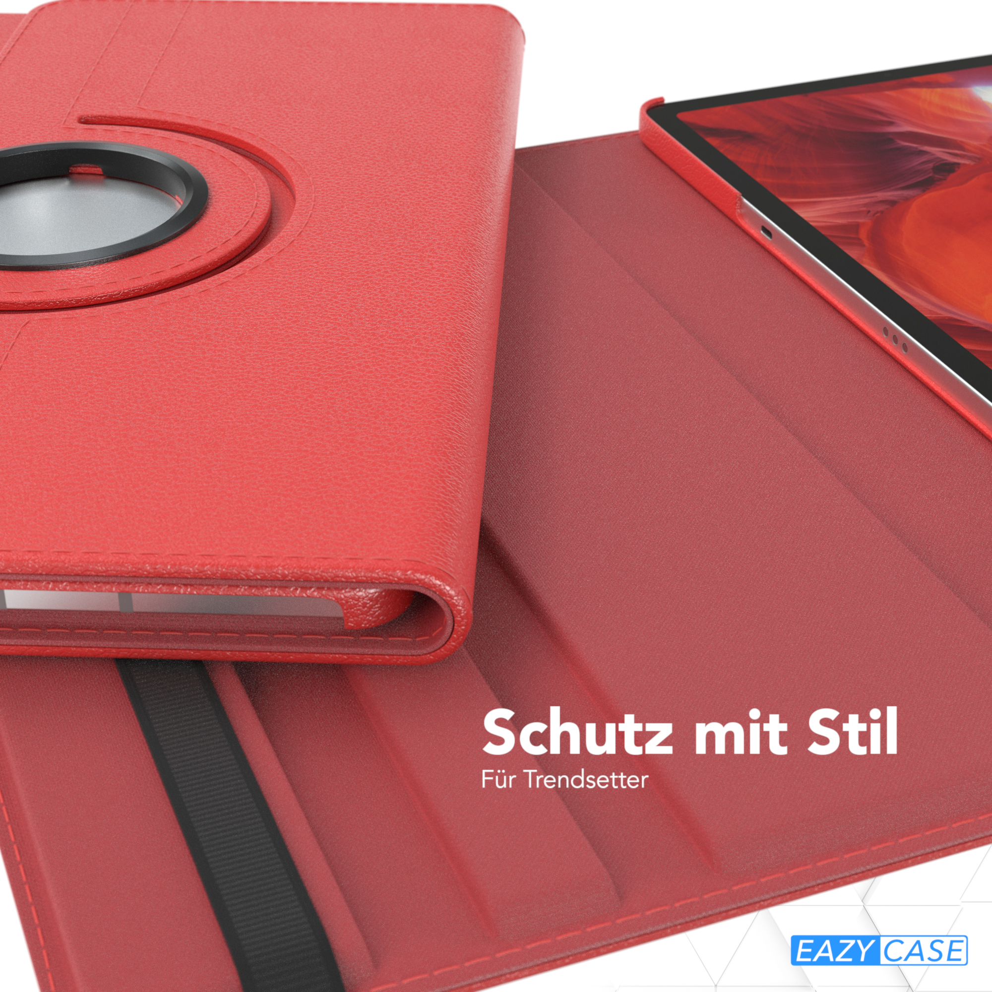 Rote Tablethülle. Tablet offen, Bildschirm zeigt rotes abstraktes Bild. Schwarzer Riemen.