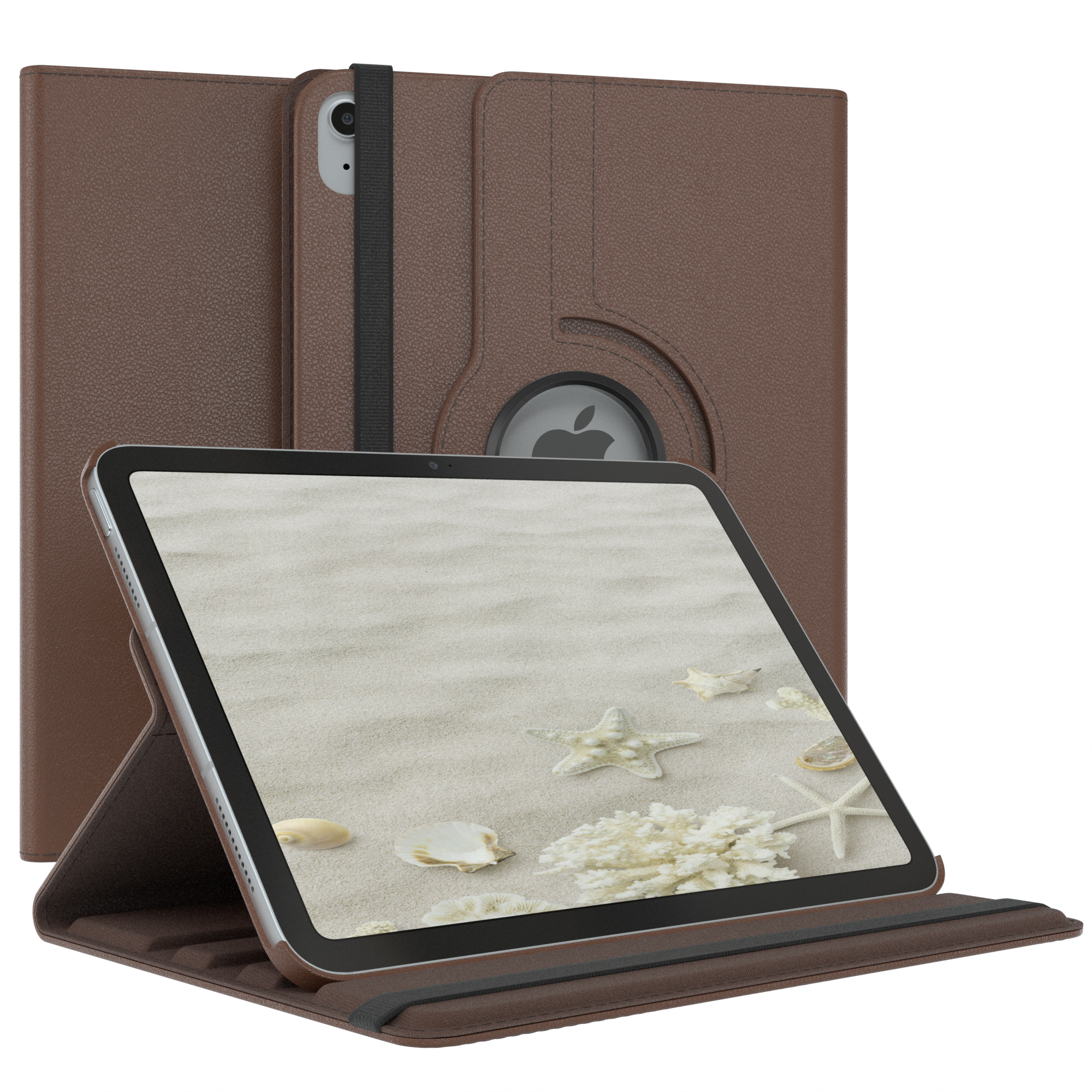 Braune Tablet-Hülle mit Tablet. Der Bildschirm zeigt eine Strandszene mit Seesternen und Muscheln.