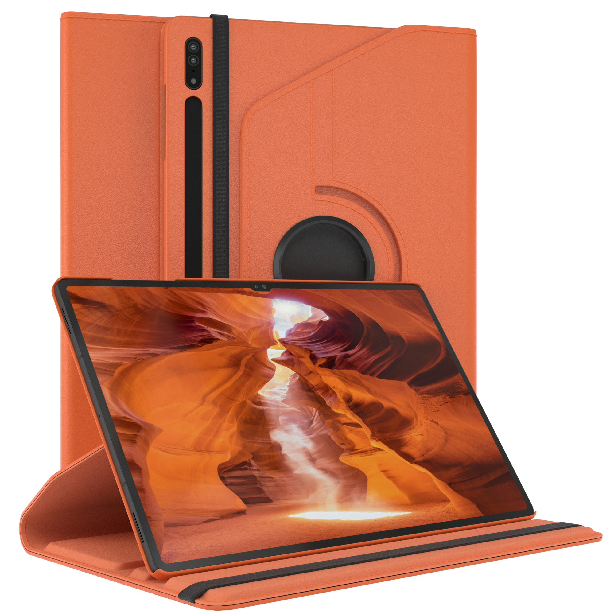 Orangenes Tablet in orangenem Gehäuse mit Canyon-Bild auf dem Bildschirm.