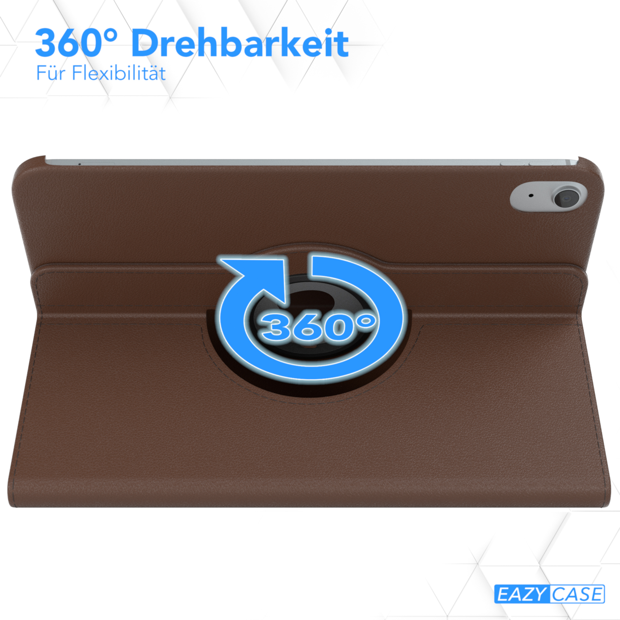 Braune Tablethülle mit 360-Grad-Drehung. Die Hülle ist braun und der Pfeil zeigt die Drehung.