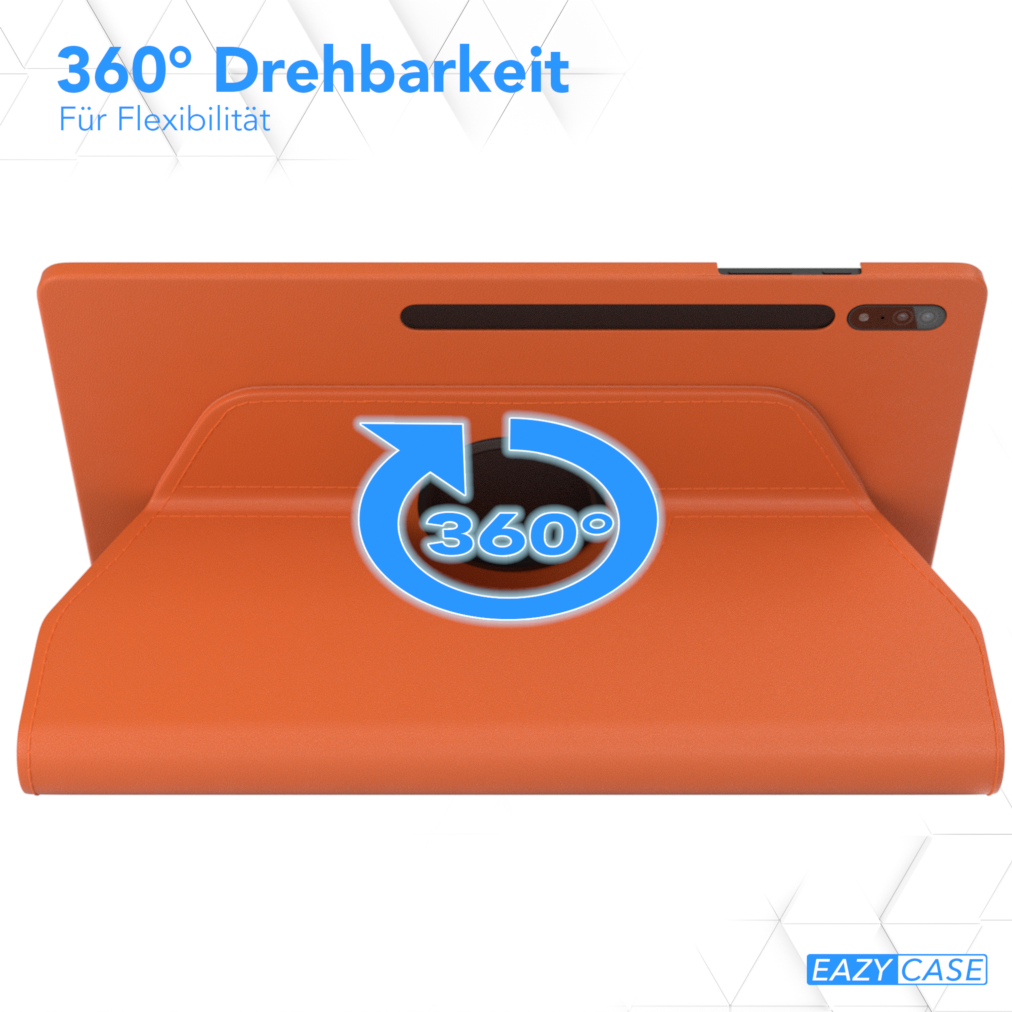 Eine orangefarbene Tablethülle mit rotierendem Design.