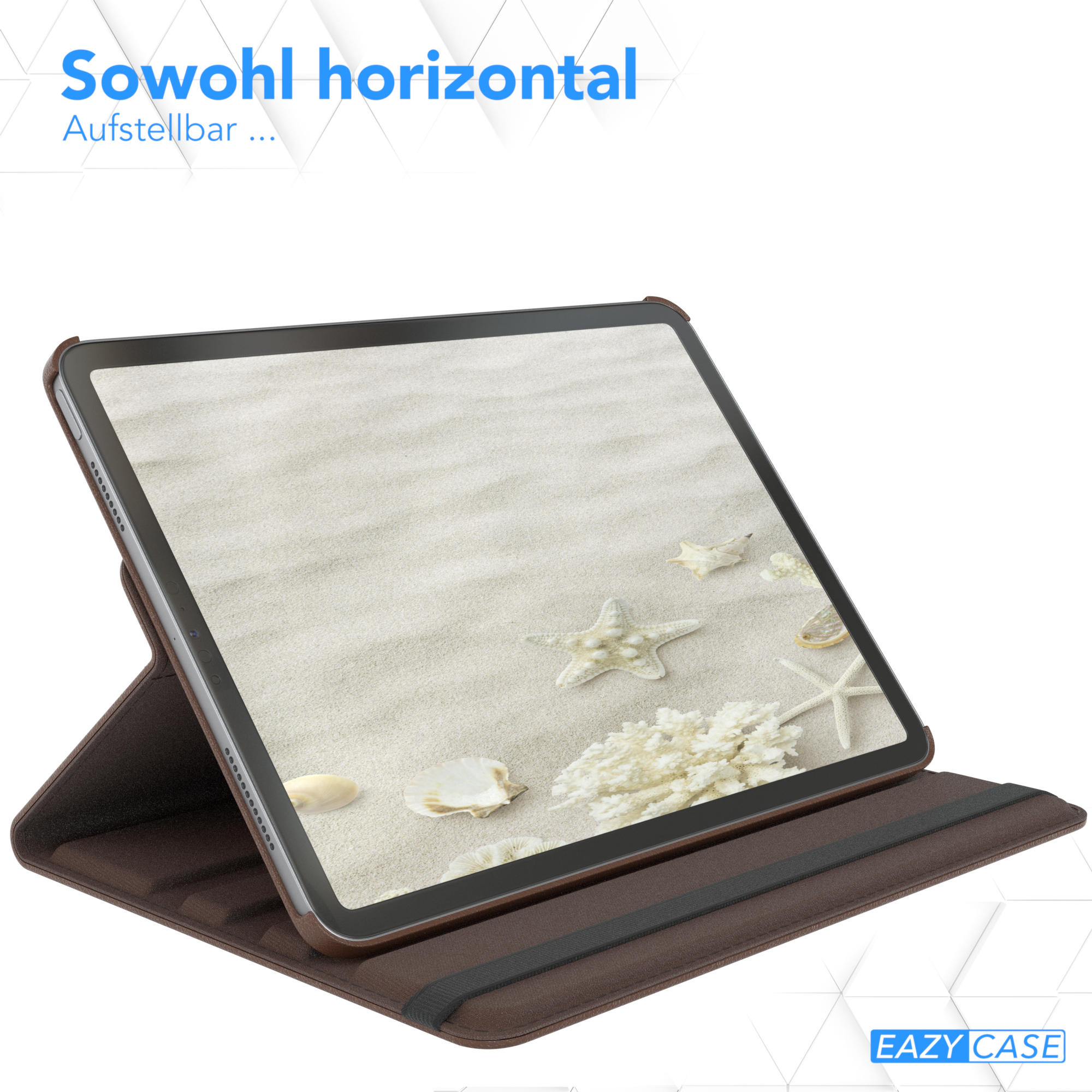 Braune Tablet-Hülle mit Strandszene auf dem Bildschirm, in horizontaler Position.