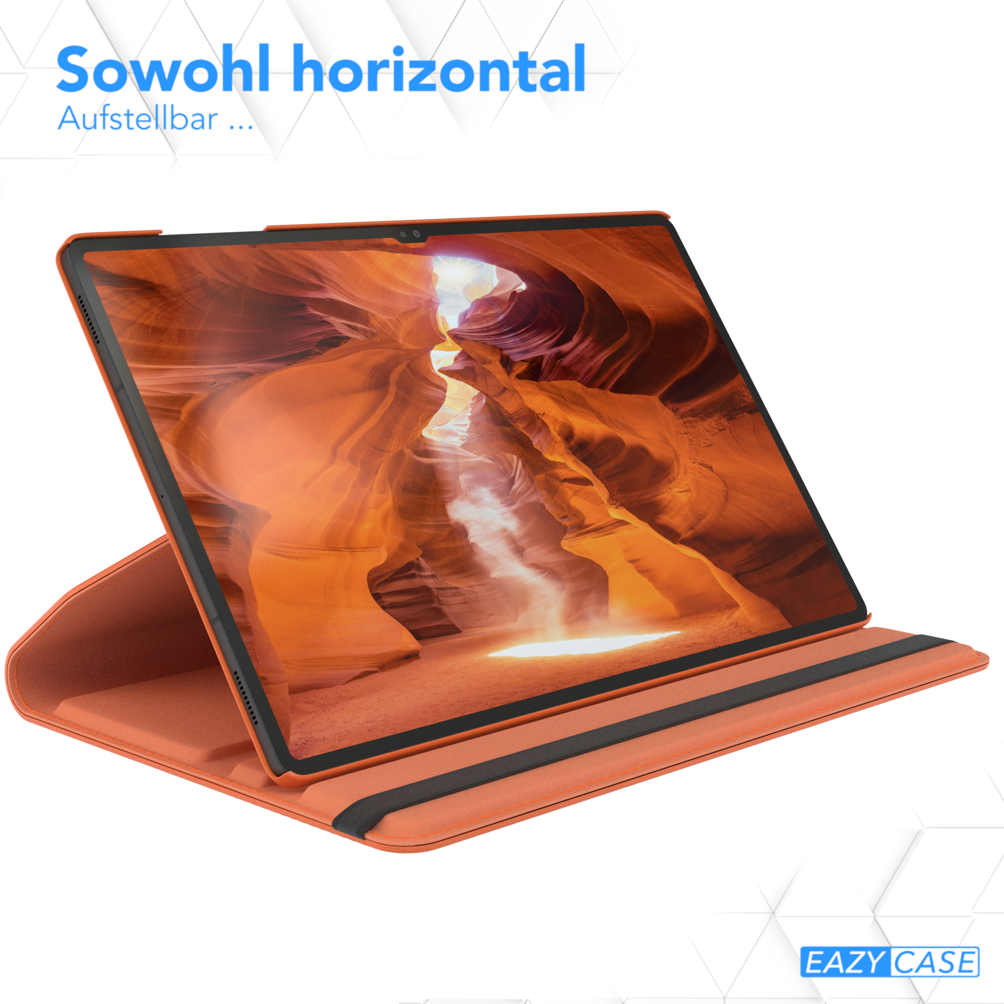 Tablet mit einem orangefarbenen Canyon-Bild auf dem Bildschirm, aufgeklappt. Case ist orange. Text: Horizontale Nutzung.