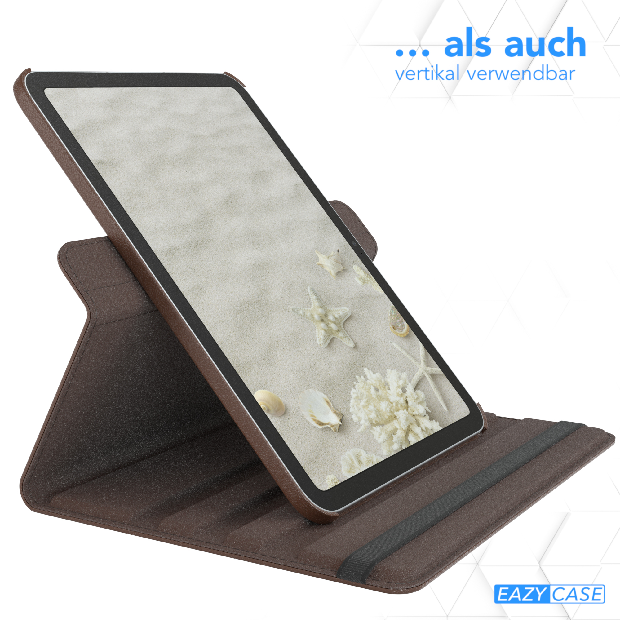 Ein Tablet in einer braunen Hülle, Strandansicht. Die Hülle steht auf einer weißen Oberfläche.