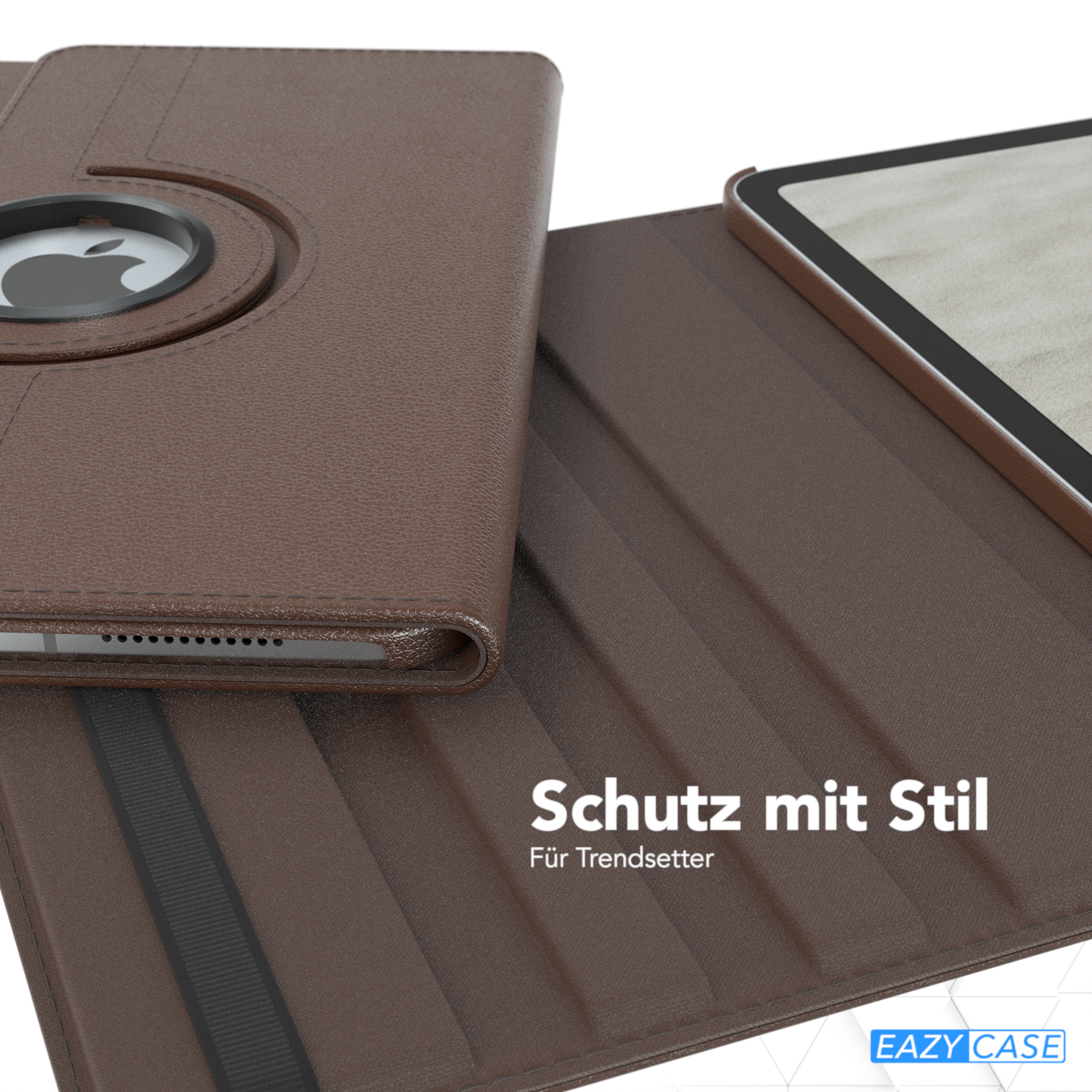 Braunes Tablet-Case, offen, um Tablet zu zeigen. Das Case hat einen Drehmechanismus und Apple-Logo.
