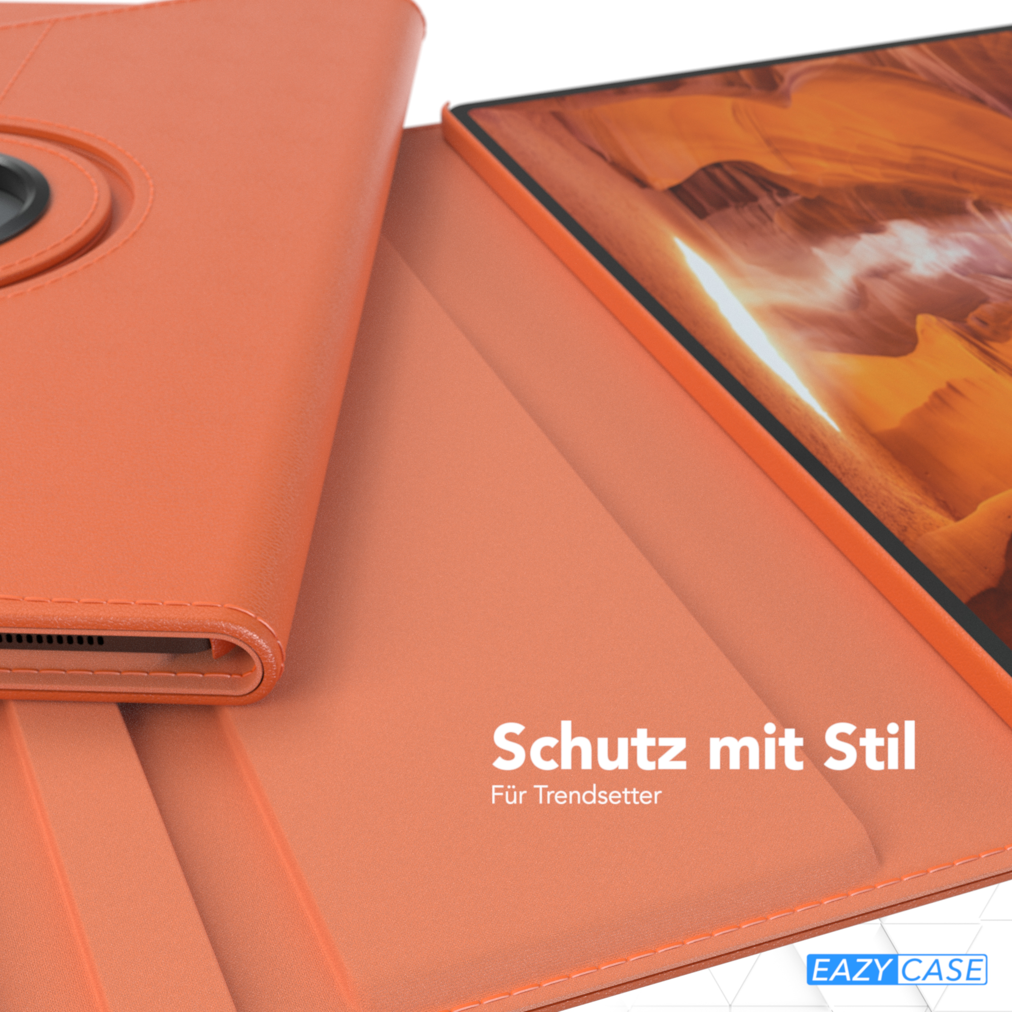 Orange Tablethülle mit Tablet. Nahaufnahme der Hülle und des Tablets.